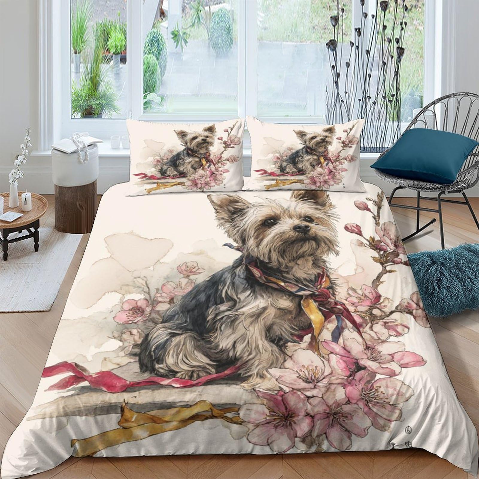 GPLZQXKJNH 3D Printed Yorkshire Terrier Duvet Cover Microfiber Soft Breathable Floral Bedding Set with 2 Pillowcases for Bedroom Decor, Single（135x200cm）
