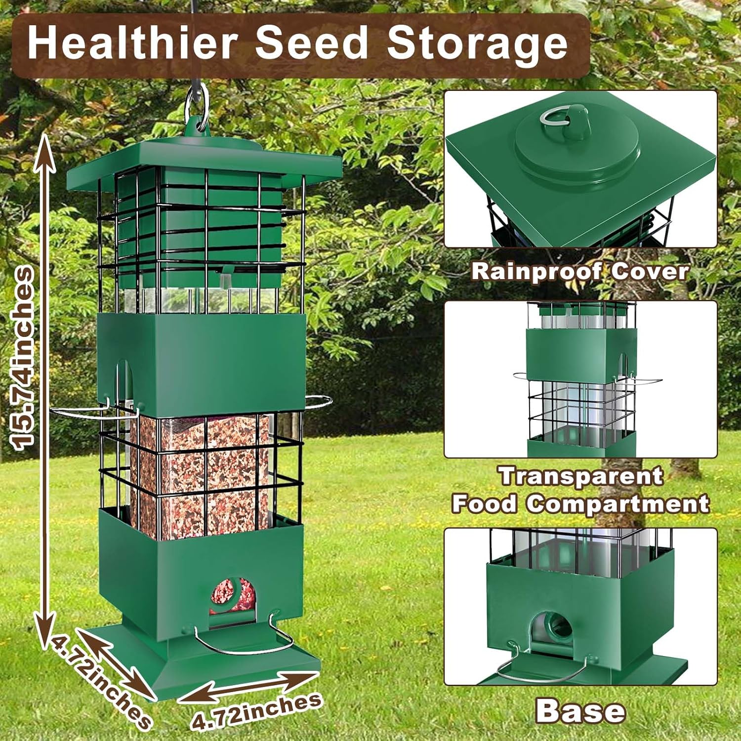 Squirrel Proof Bird Feeder, 3LBS Hanging Bird Feeders for Outdoors, Metal Weight-Activated Perches Wild Birdfeeder for Blue Jay, Cardinal, Outside (Green)