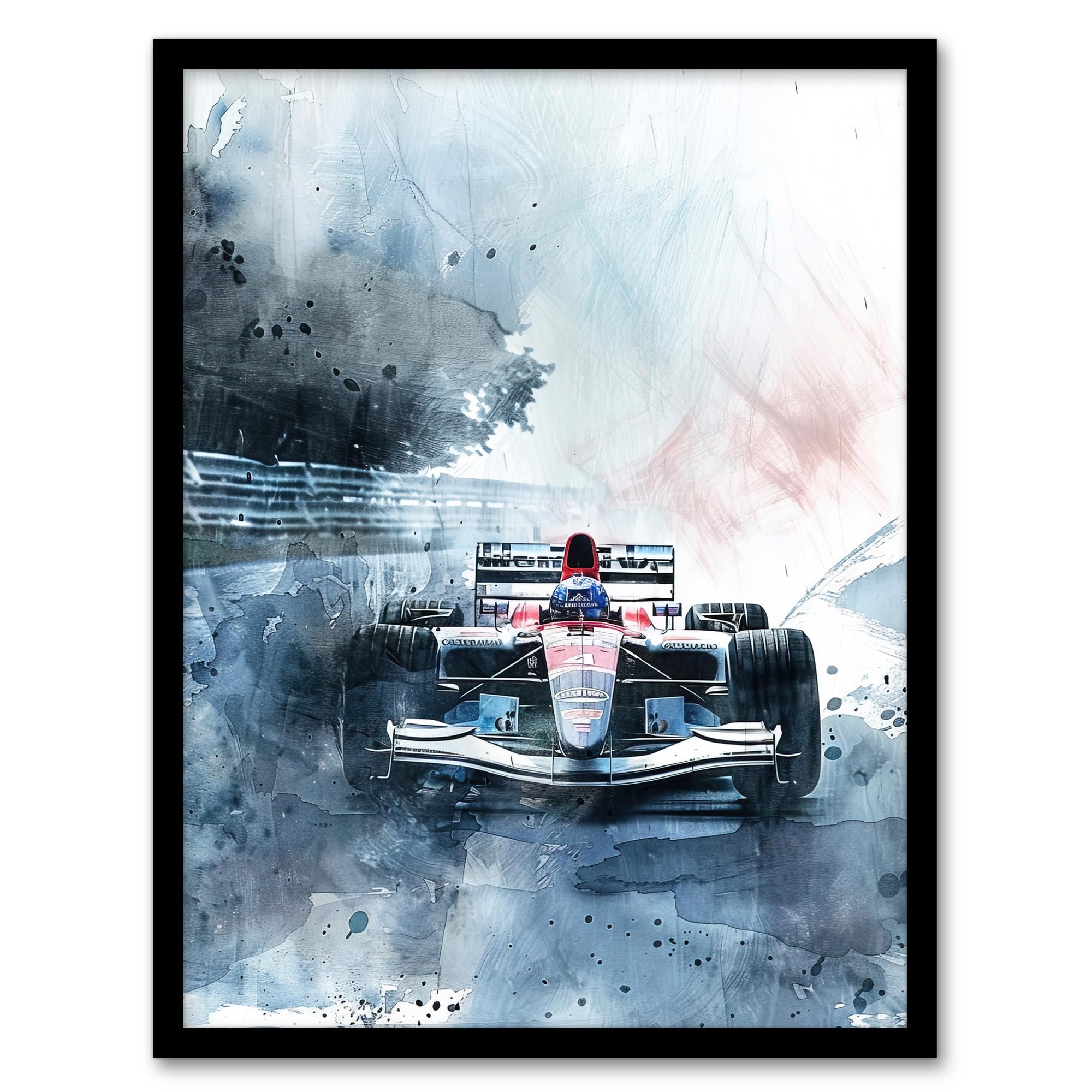 Artery8 Race Car Modern Watercolour Racetrack Action Shot Living Room Artwork Framed Wall Art Print 18X24 Inch