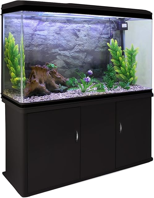 MonsterShop Large Fish Tank Black 4ft 300L 65 Gal Aquarium Marine Tropical Saltwater Freshwater. Black Cabinet Storage Stand. Natural Gravel. Filter, Air Pump, Heater, LED Light Tank Accessories
