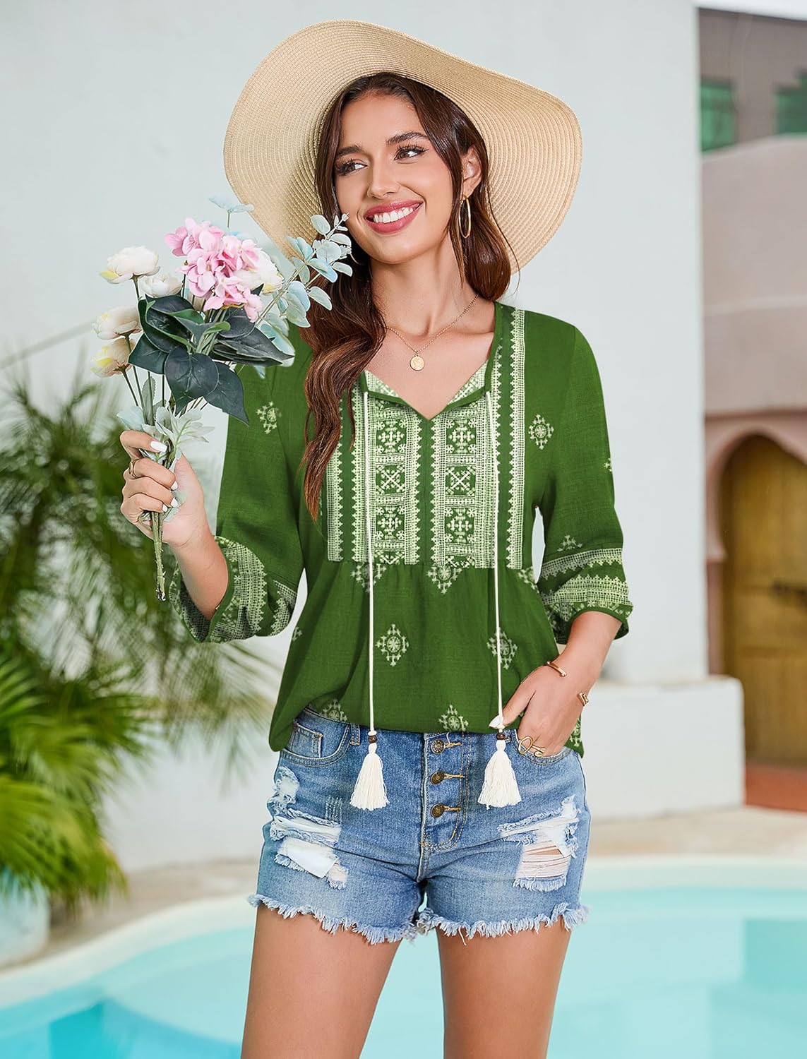 Boho Tops for Women Floral Print 3/4 Sleeve V Neck Blouse Pleated Flowy Vacation Casual Summer Tunic Blouses - Image 3