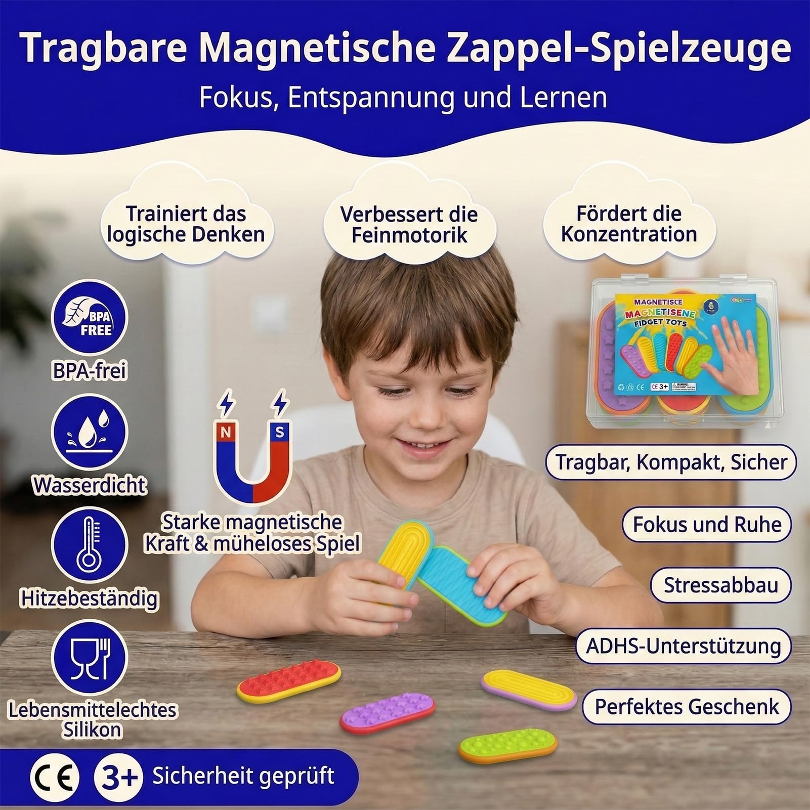 Magnetyczne zabawki fidget Toys Slider zestaw 6 sztuk z pudełkiem do przechowywania – cicha zabawka sensoryczna z funkcją przesuwania, kompaktowa i uporządkowana, ciche zajęcia ręczne na co dzień, do