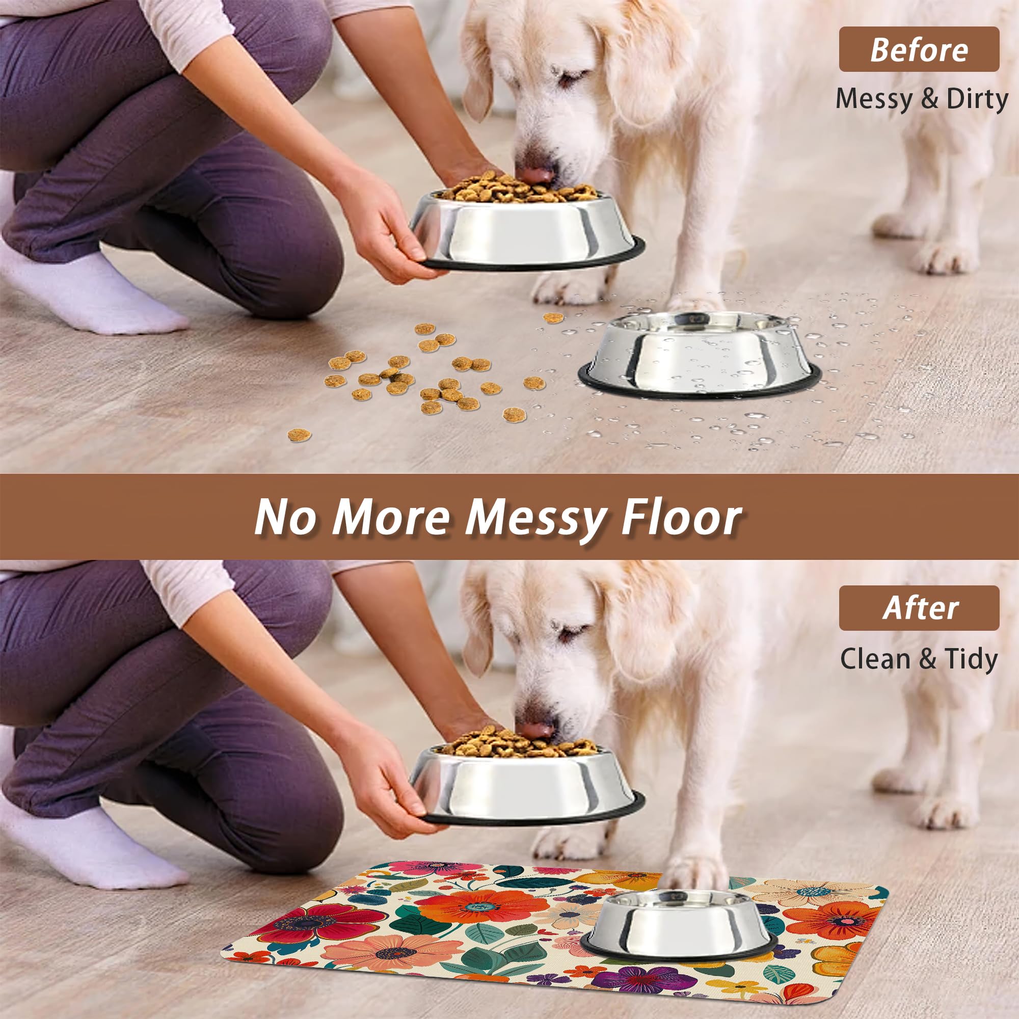Tappetino per cibo per cani con motivo floreale, per pavimenti, assorbente, ad asciugatura rapida, tappetino per cibo e acqua, antiscivolo, accessori per animali domestici, 40,6 x 61 cm