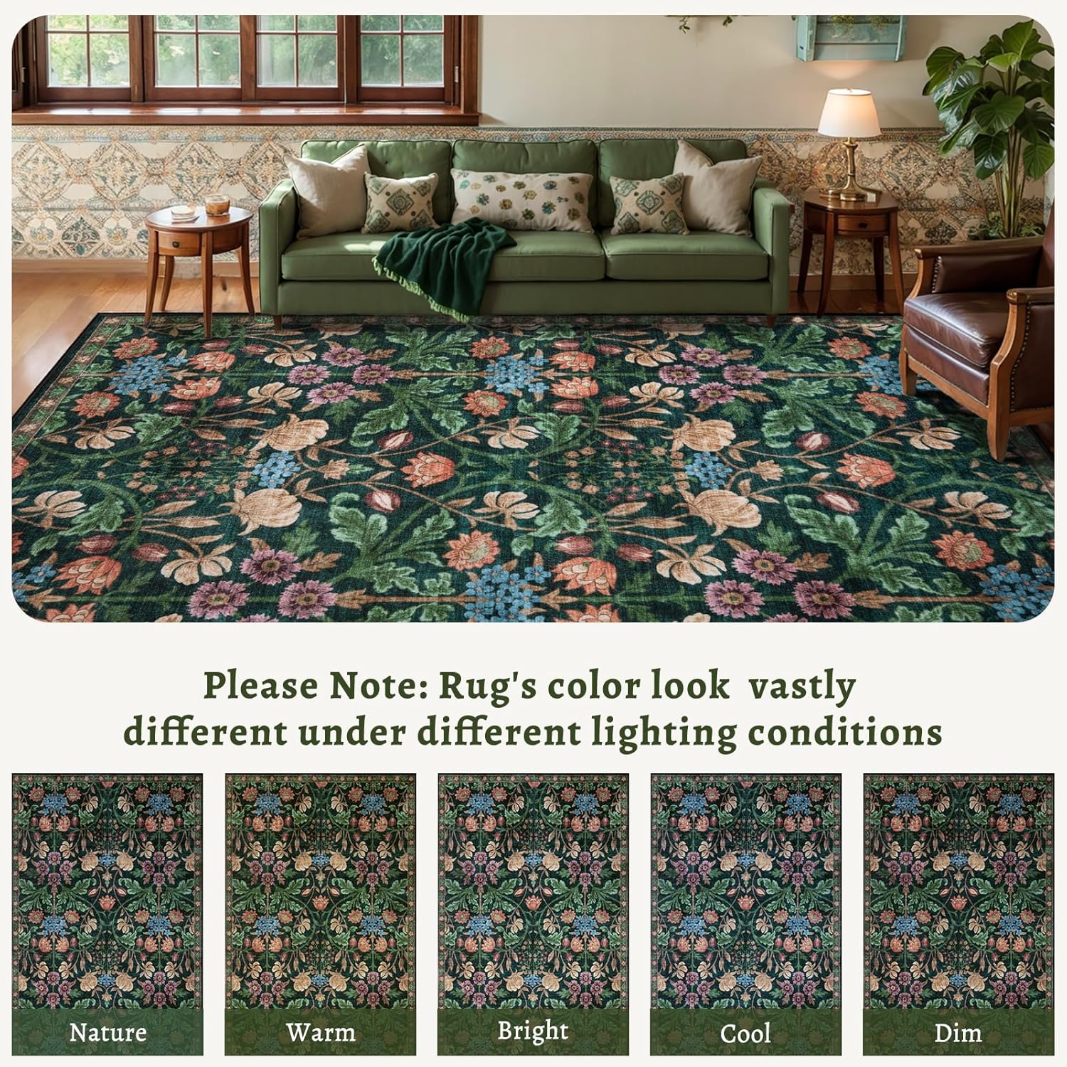 Ciicool Washable Area Rugs 4x6 for Bedroom Living Room Rug Hallway Entryway Playroom Laundry Office Home Boho Soft Low Pile Carpet Green Non-Slip Floral Green Carpets