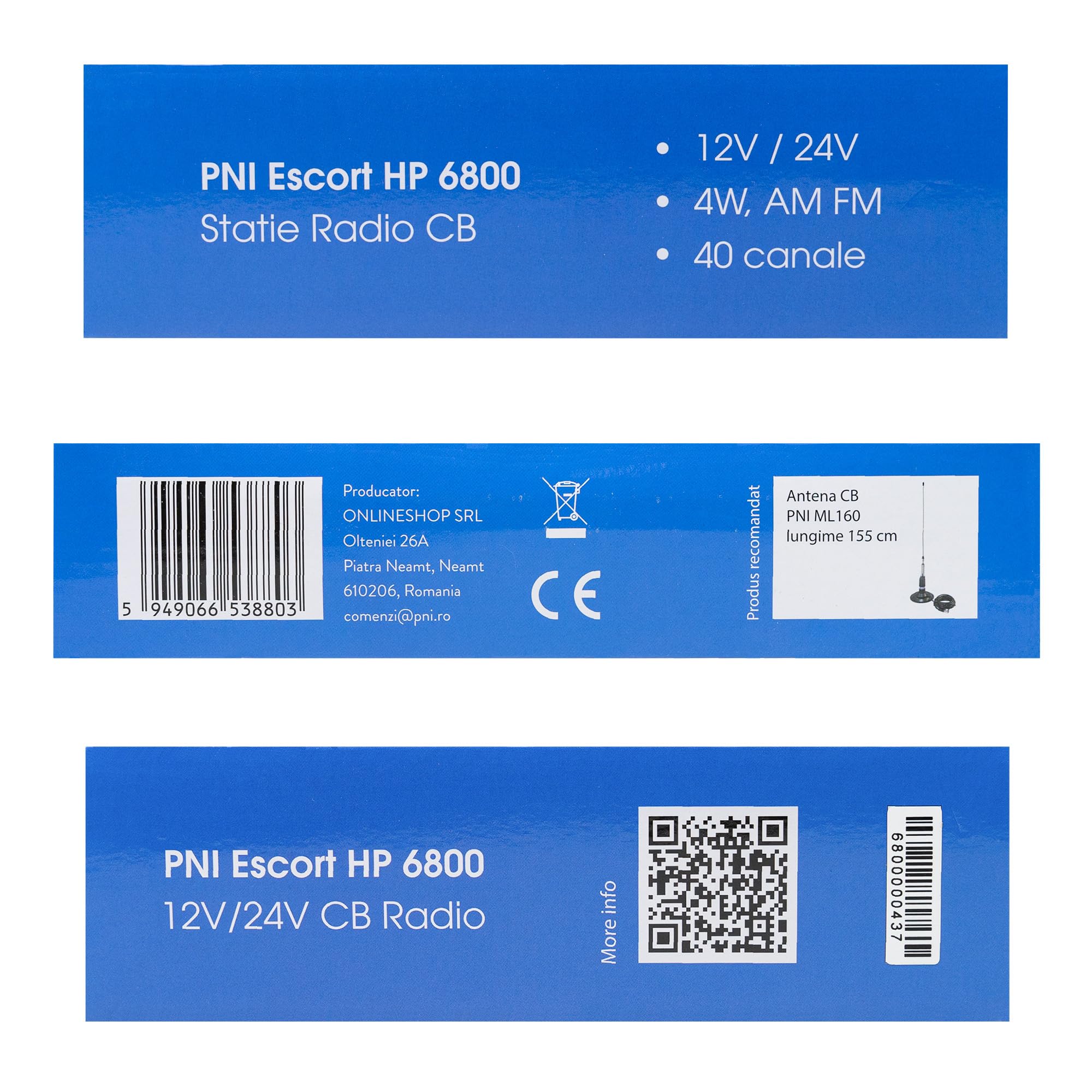 Emettitore radio CB PNI Escort 6800 ASQ, 12/24 V, lettore MP3, connettore USB, 4 W, Am-FM, spina per accendisigari inclusa