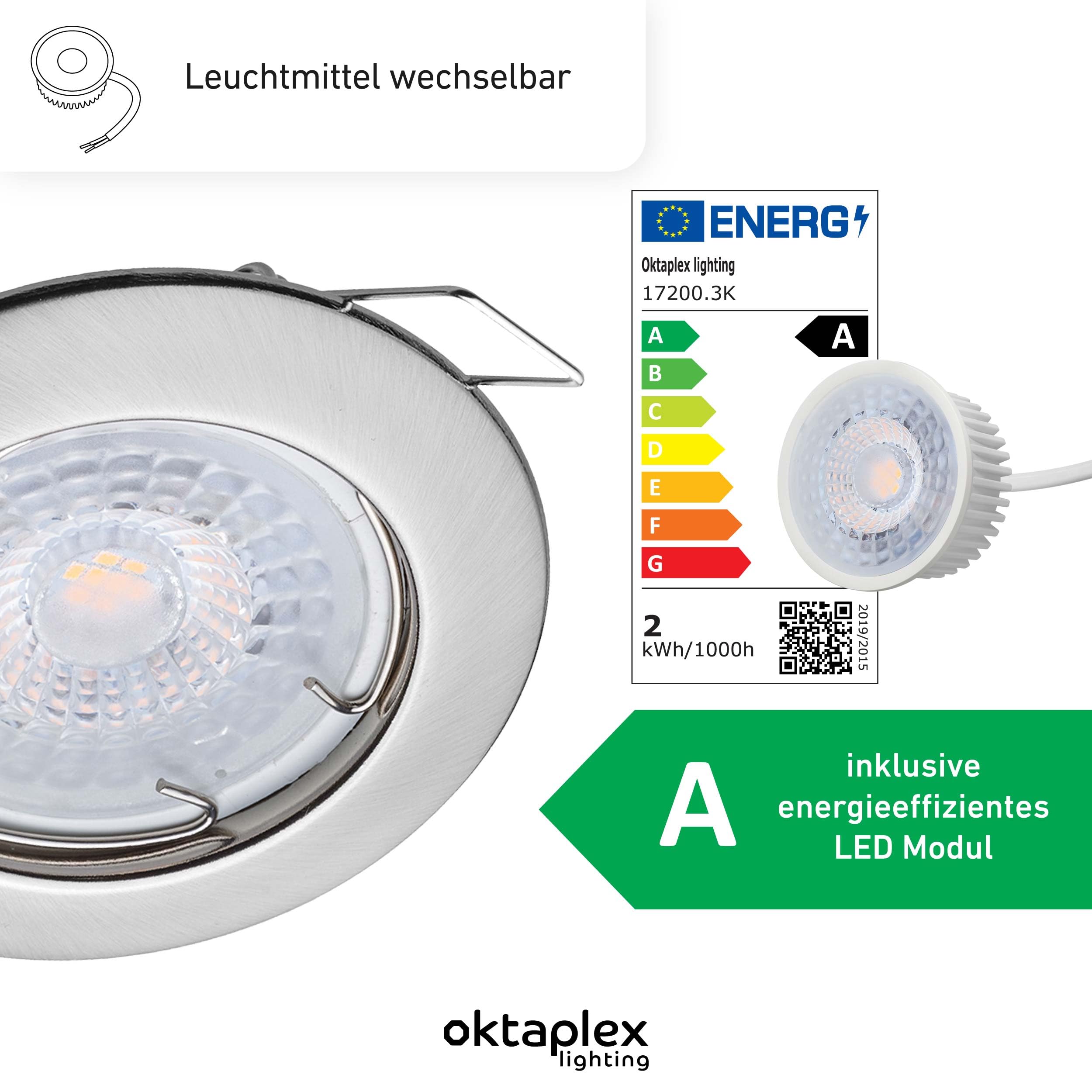 Oktaplex 9er Set Sedan LED Einbaustrahler 230V LED Modul 3000K Warmweiß | 22mm Einbautiefe, Lochmaß 60mm, 1,9W, 345lm, Edelstahl gebürstet, Einbauspots flach