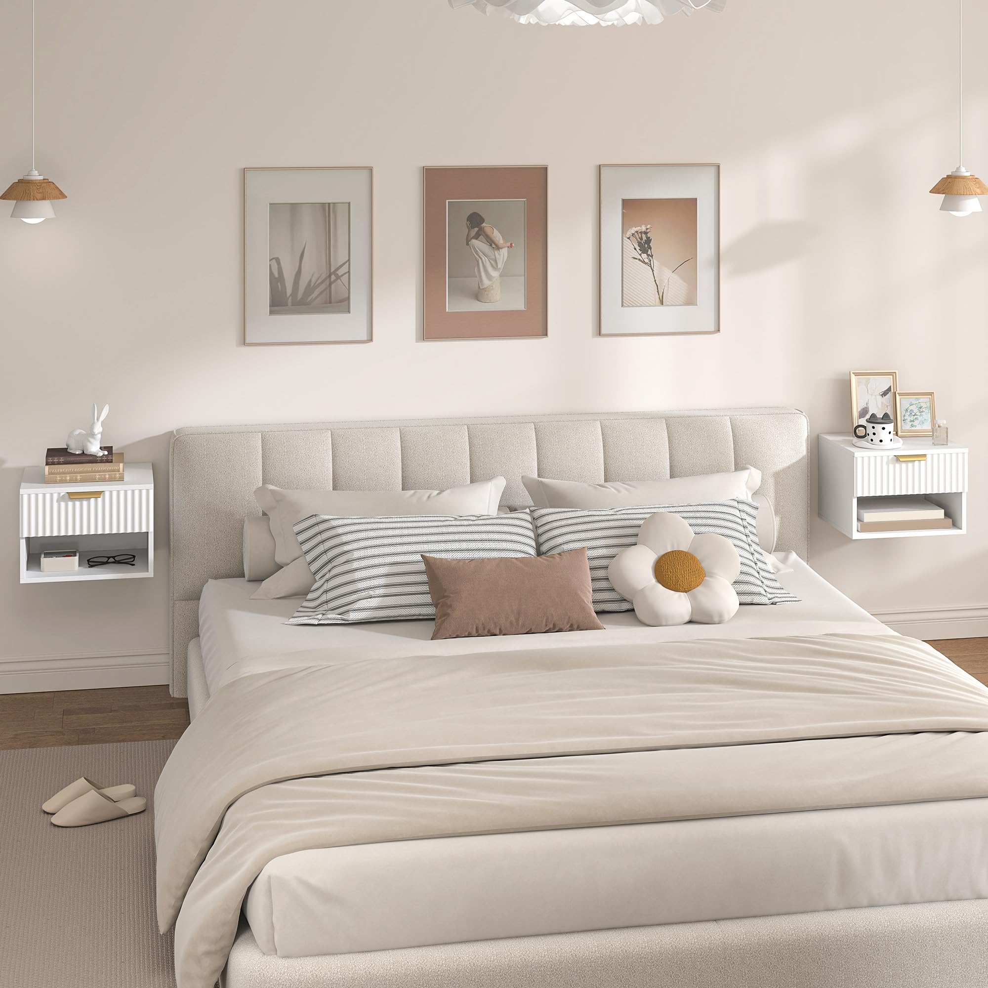 HOMCOM Set di 2 Comodini Camera da Letto Sospesi, 40x34x29 cm Bianco | Pannelli Scanalati, Coppia di Comodini Moderni, Cassetto e Ripiano