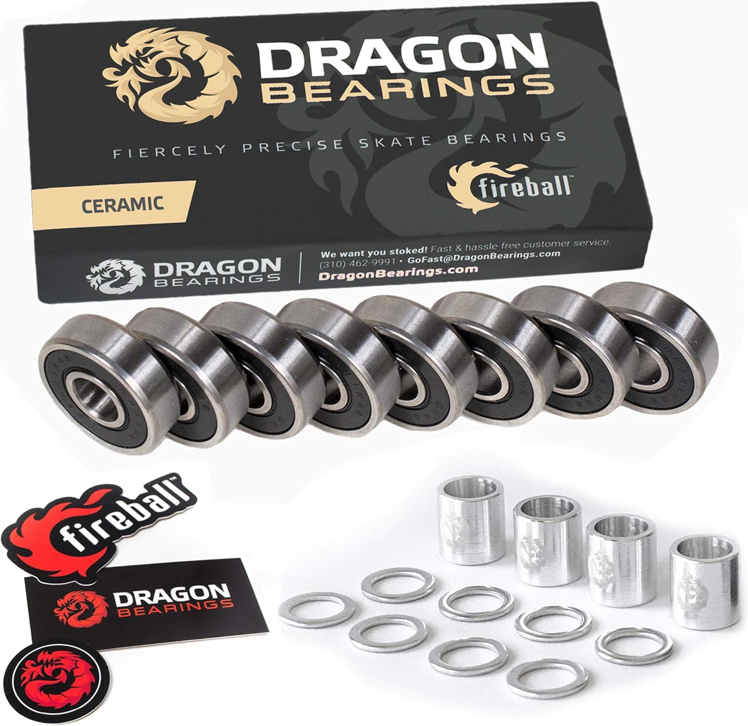 Fireball Dragon Ceramic Precision Skateboard Bearings with Silver Dragon Precision Aluminum Spacers + Speed Rings | Set