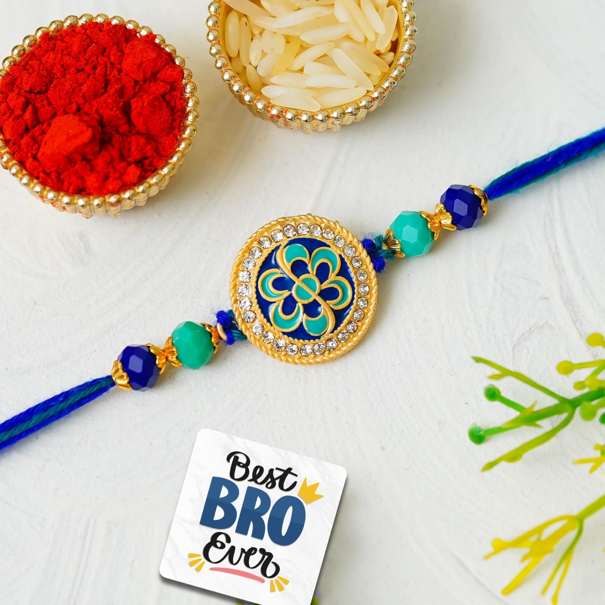 eCraftIndia Beautiful Flower Designer Rakhi for Brother With Gift Combo Set | Raksha Bandhan Rakhi for Bhaiya Bhabhi Bhai Kids Boy | Best Bro Ever Fridge Magnet | Roli Chawal Pack-image-10