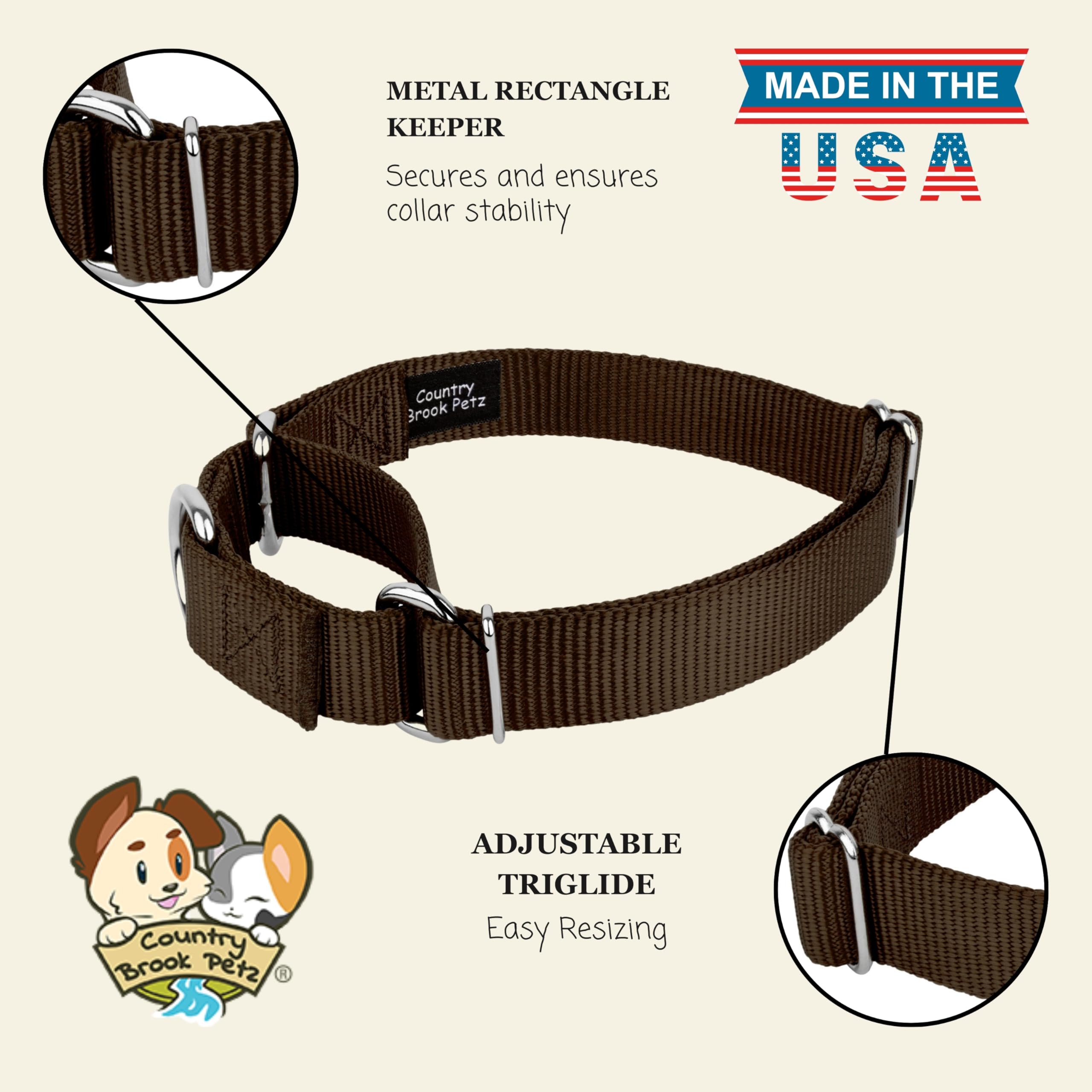 Country Brook Petz - Collar para perro de nailon marrón Martingale (extra grande, 2,5 cm de ancho)