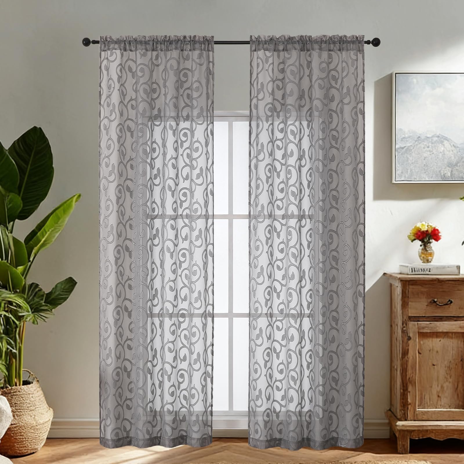 Simplebrand Charcoal Gray Sheer Voile Curtains with Embroidered Pattern, 2 Panels 140x220cm, Dual Rod Pocket Light Filtering Bedroom Curtains