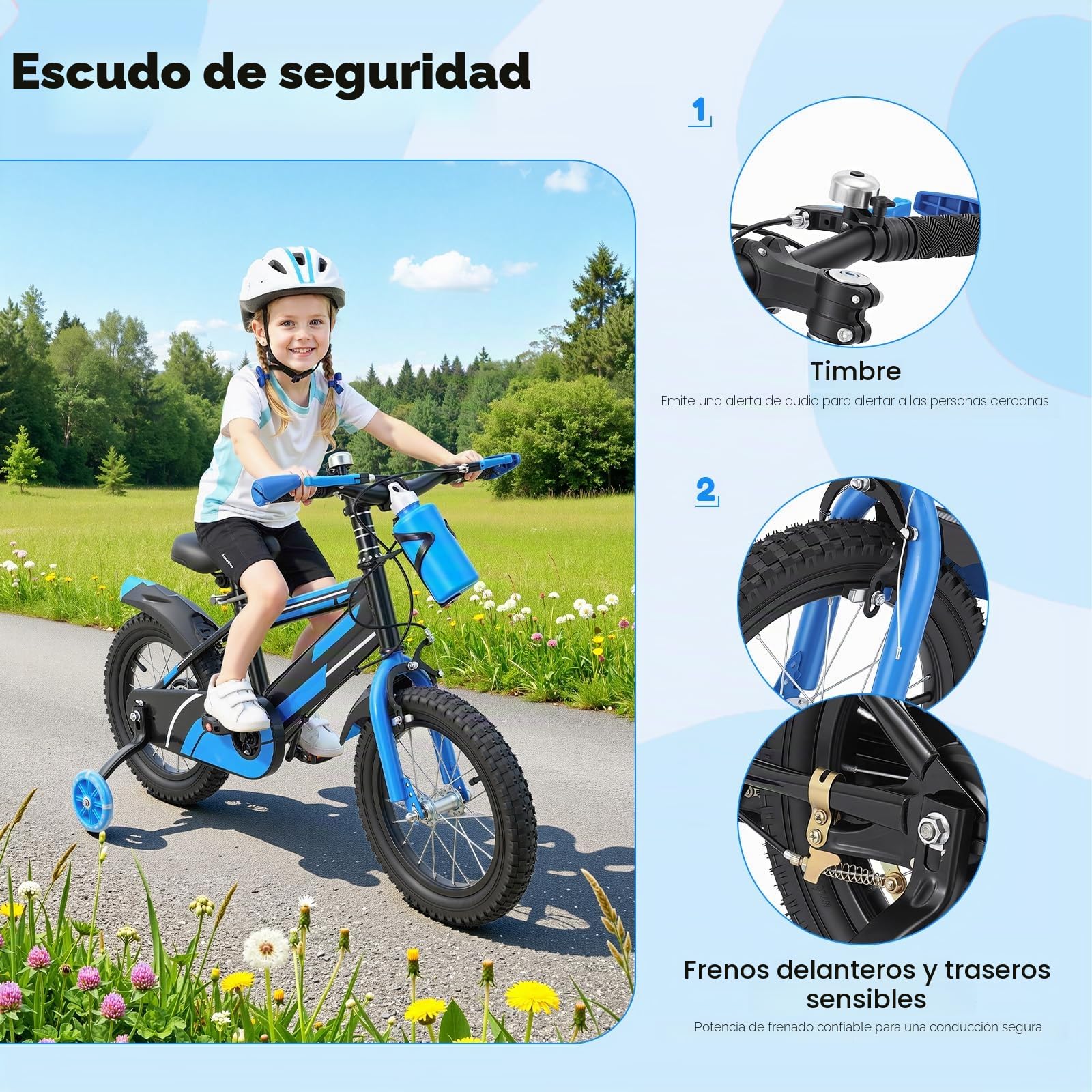 Bicicleta infantil de 14 pulgadas para niños de 3 a 7 años, bicicleta infantil ajustable con ruedines y botella, capacidad de carga 60 kg