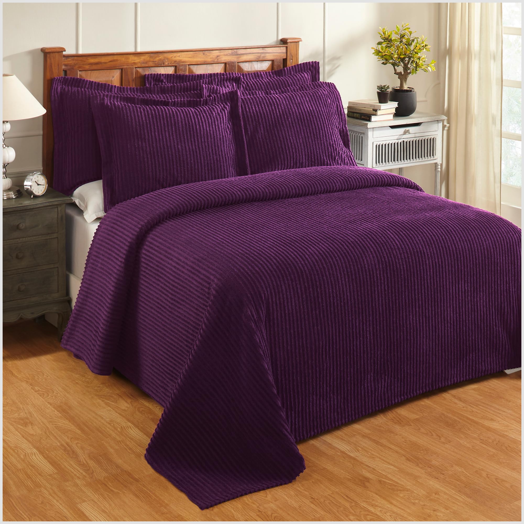 Better Trends Chenille Bedspreads King Size, Plum 100% Cotton Chenille Stripe Design Tufted Bedding Coverlet Soft Lightweight, 120"x110" 1 Piece Jullian Collection