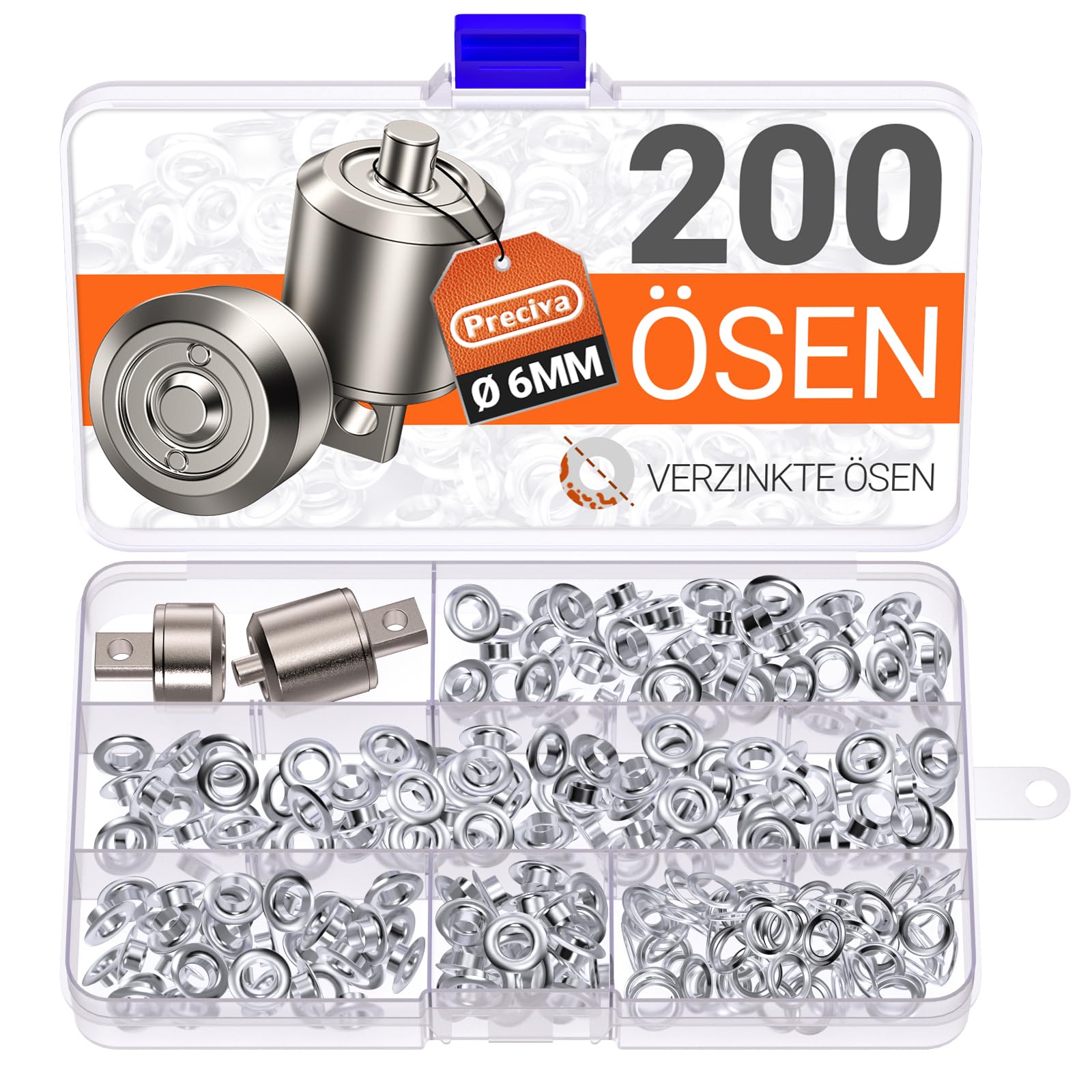 Preciva Ösenzange 10mm Zangekopf Ösenpresse mit Aufbewahrungsbox und 300 Ösen (150pcs Silber und 150pcs Gold) für PVC-Banner, Planen, Karton (6mm Ösenzangenkopf)