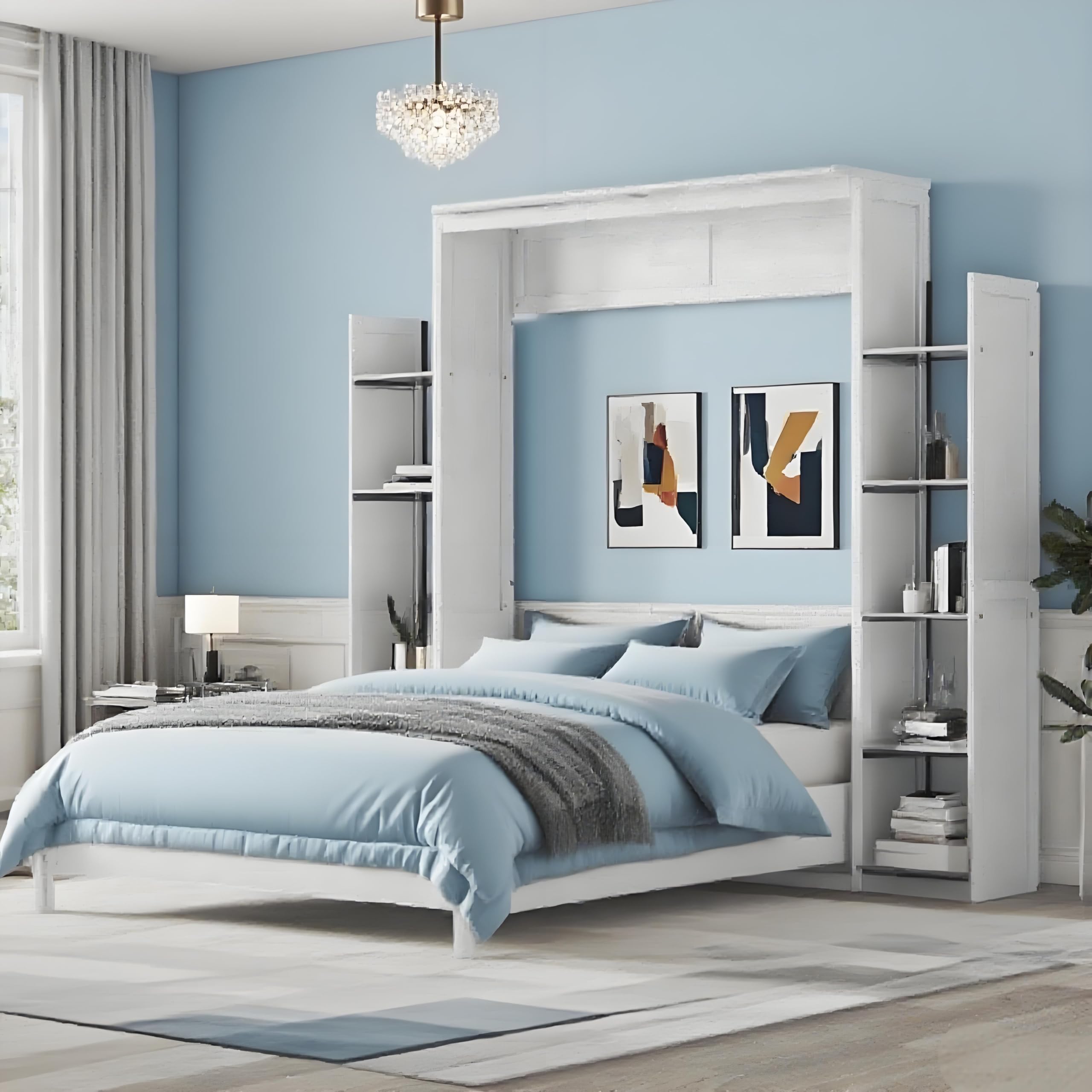 PVWIIK Queen Size Murphy Bed with 5-Tier Shelves and LED Lights,Foldable PlatformBed Vertical Wall Bedframe for Small Space,Bedroom,Living Room,White