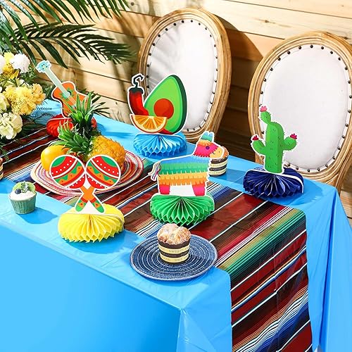 Miniatura 6 de Preboun 15 piezas de decoración de fiesta mexicana de 54 x 108 pulgadas, mantel de fiesta temática mexicana de panal para suministros de decoración