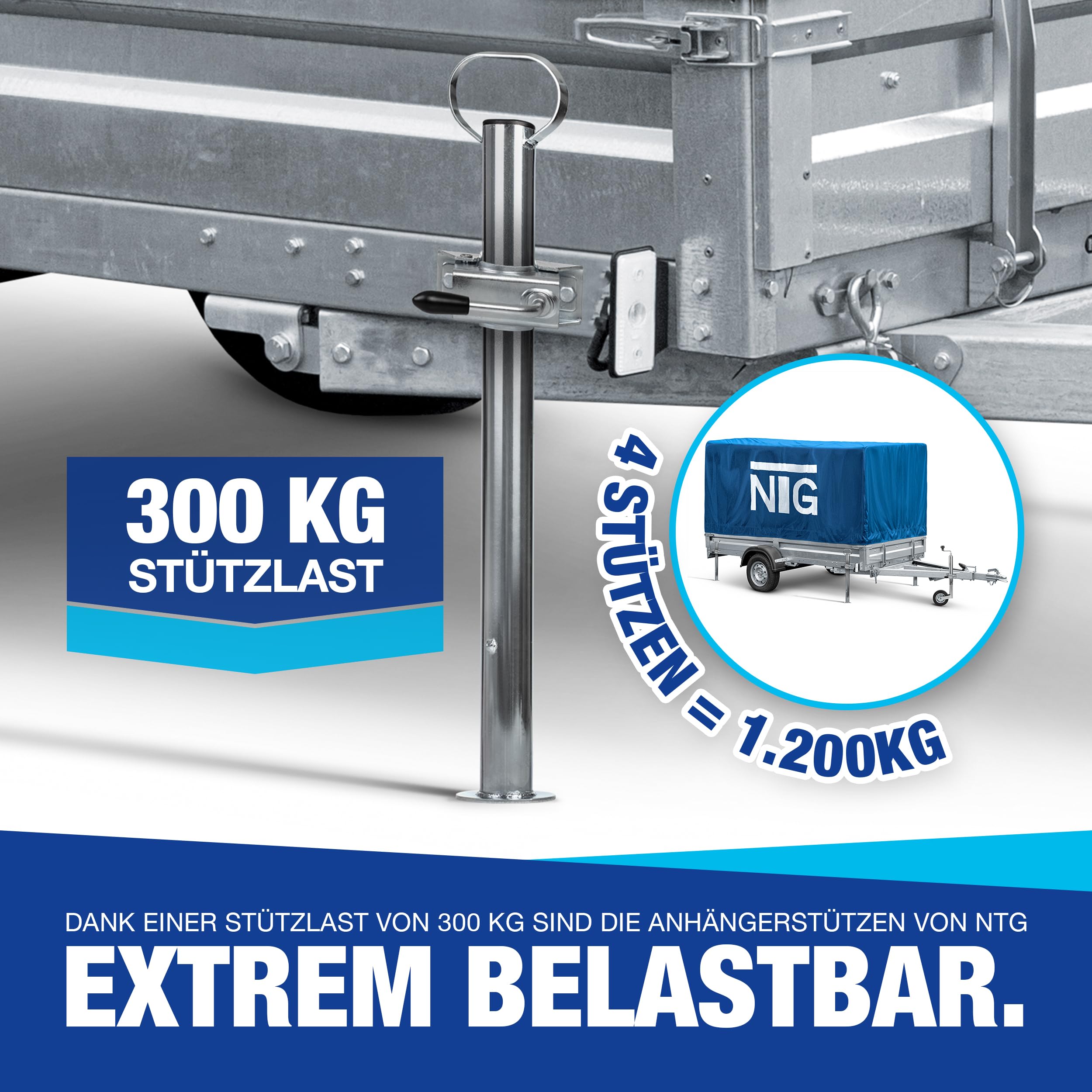 NTG Zestaw podpór do przyczep 4 sztuki, wysokość 600 mm, każda o nośności 300 kg, średnica 48 mm, akcesoria do przyczep z uchwytem i podstawą talerzową, ocynkowany stal, podpory do przyczep trwałe dla