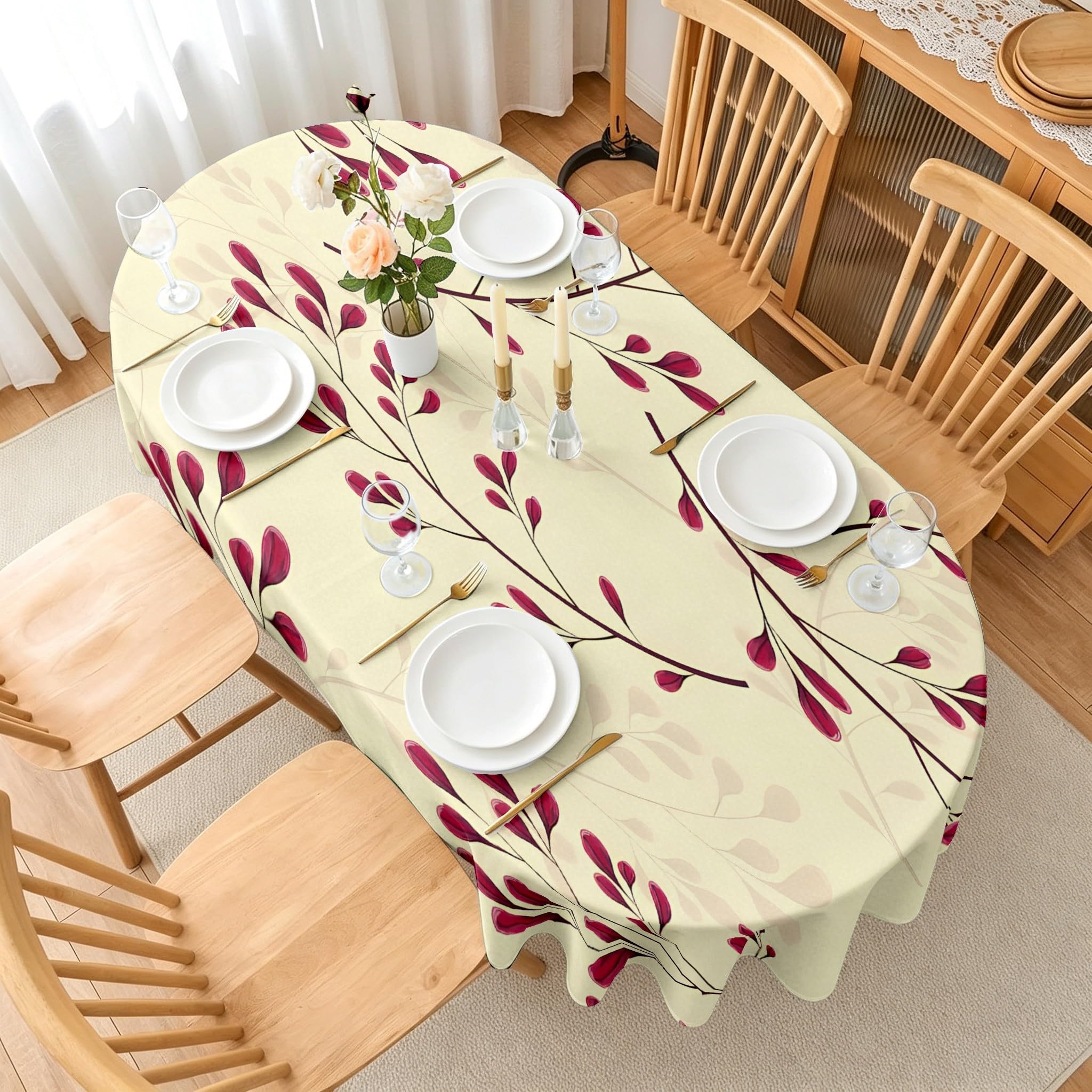 Rotes Blatt Tischdecke Oval 160x220, Botanische Ranken Tischdecken Abwaschbar Lotuseffekt, Moderne Blumen Tischtuch aus Polyester Fleckschutz Wasserabweisend für Küche, Garten, Party, K-910
