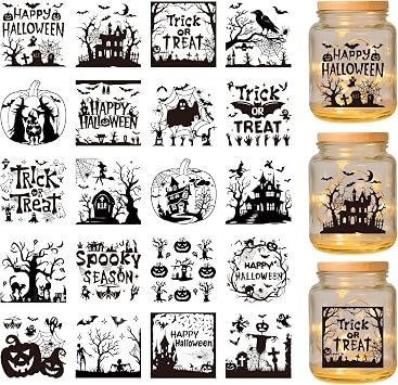 Rngmsi Halloween UV DTF Stickers - 20 Sheets Spooky Halloween UV DTF Cup Wraps for 16 oz Glass, Black Tree Pumpkin Bat Cobweb Rub on Transfer Stickers, Uvdtf Decals for Mug Water Bottle, DIY Crafts