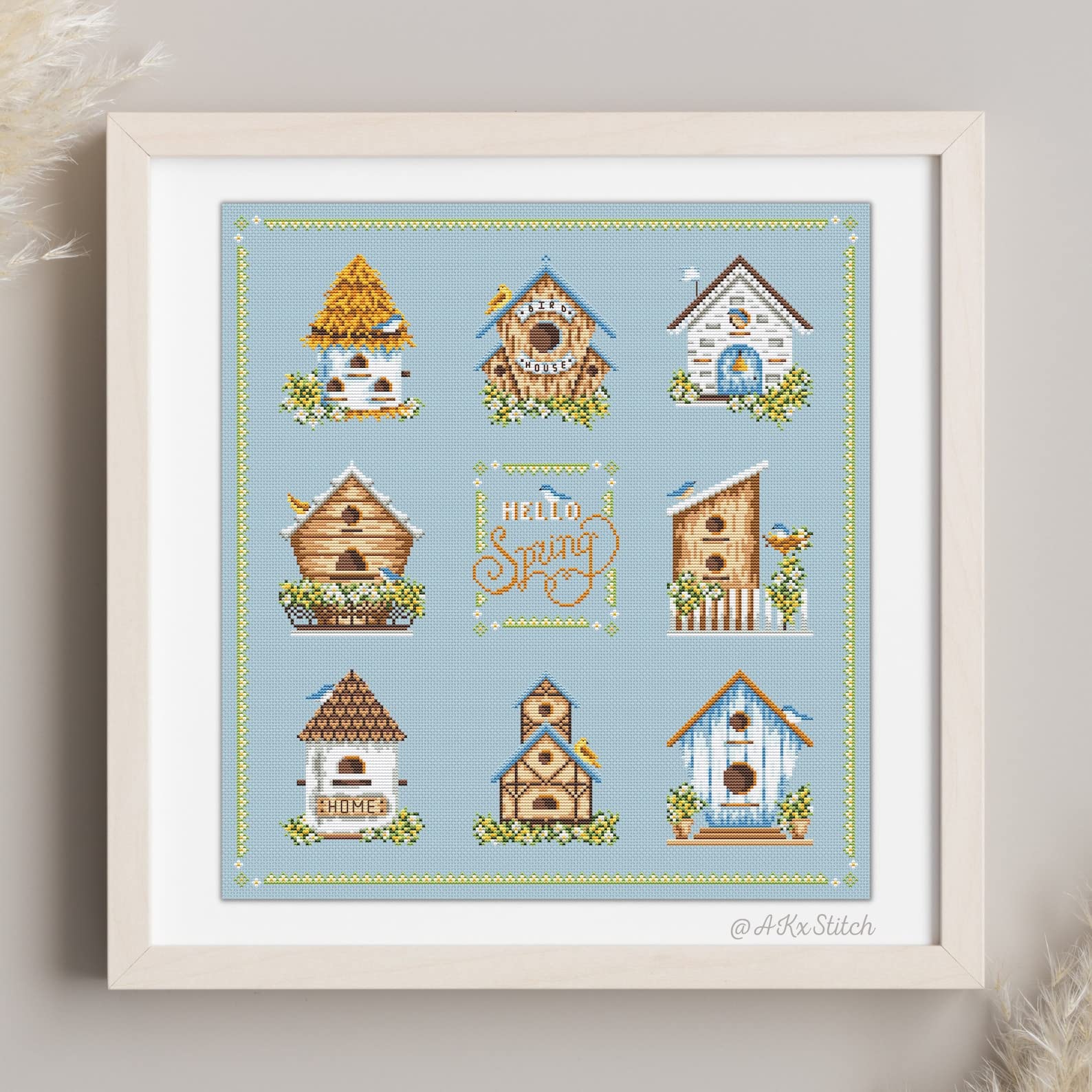 Birdhouse Sampler - Juego completo de punto de cruz con hilos DMC y tela, patrón de bordado floral de primavera con nidos de pájaros, pájaro cantor de teta de golondrina, lindo folk primitivo