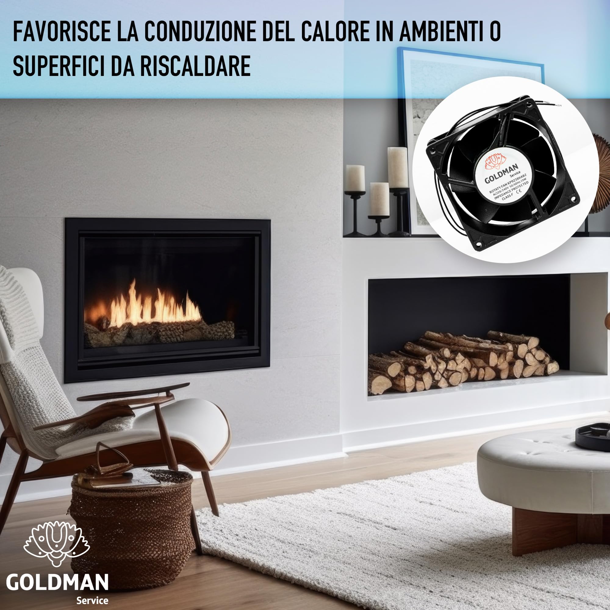 GOLDMAN SERVICE | Ventola ventilatore Axial per cassette camino inseribile alta temperatura di pale metalliche universale. (92x92x38mm)