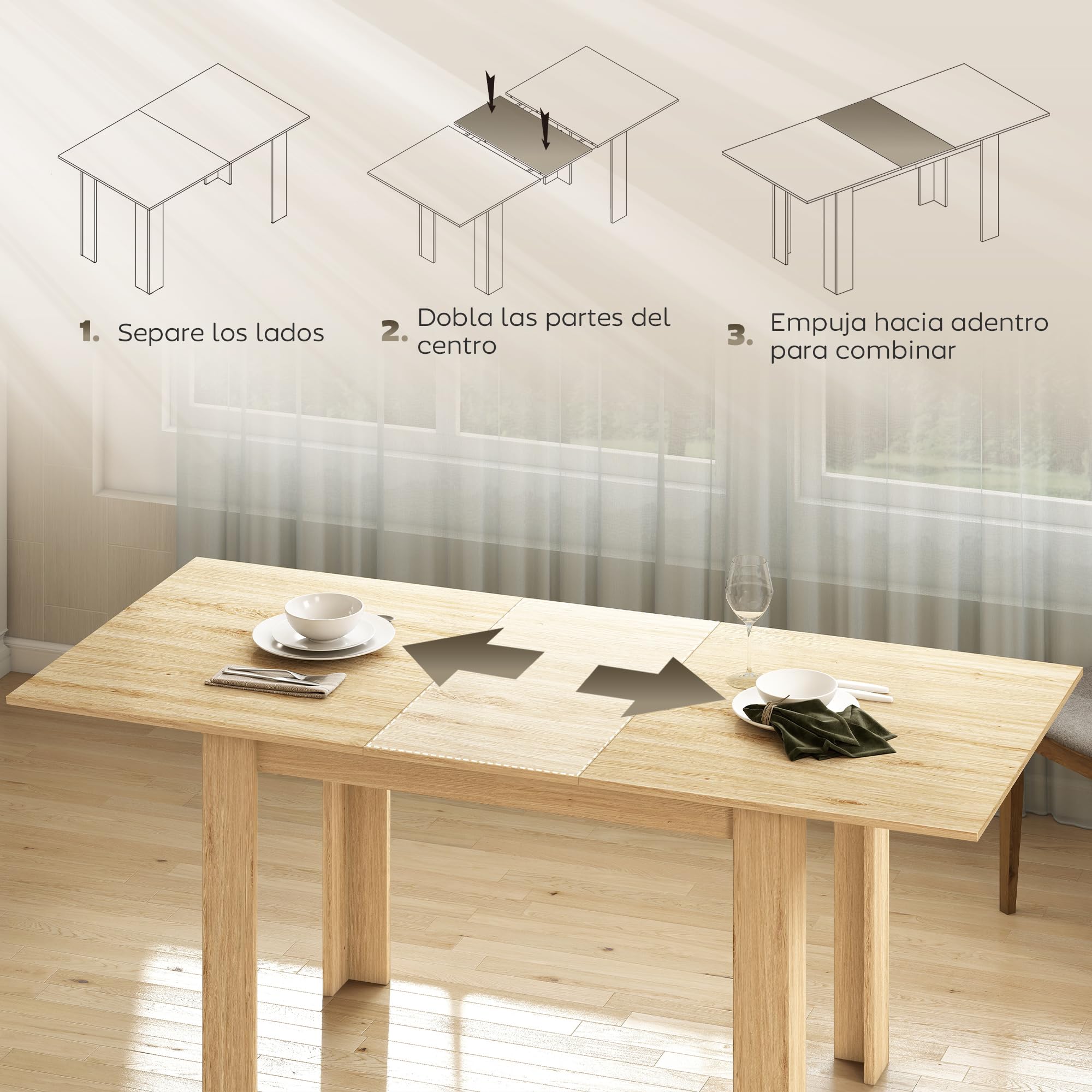 HOMCOM Mesa de Comedor Extensible 140-180x90x75 cm Madera Natural | de 140 a 180 cm, Mesa de Cocina Extensible Rectangular, para 6-8 Personas, para Salón