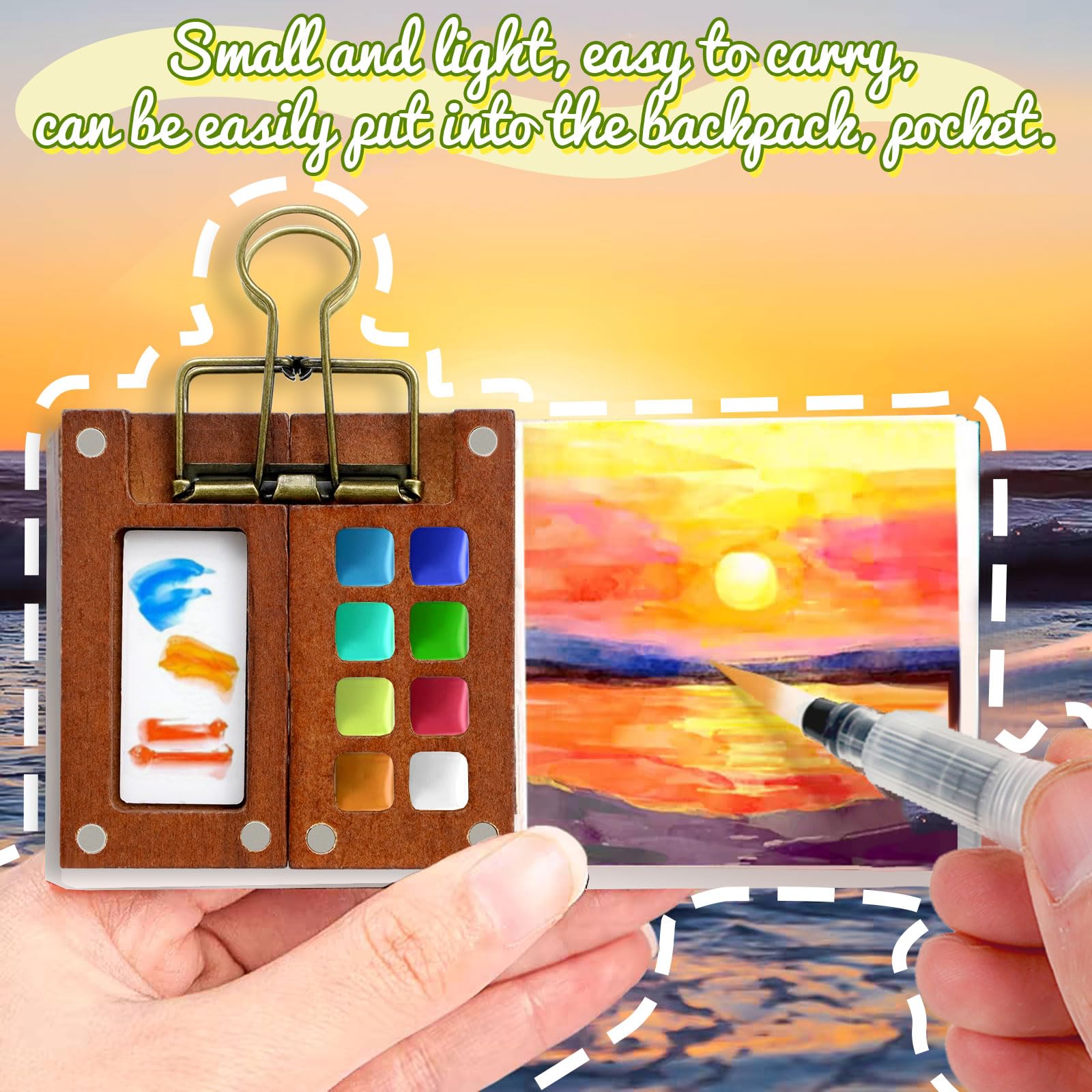 Lot De 6 Mini Carnets Aquarelle De Poche 6x6 Cm + Kit Peinture Acrylique Voyage Avec Palette, Pinceaux Et Sac Toile