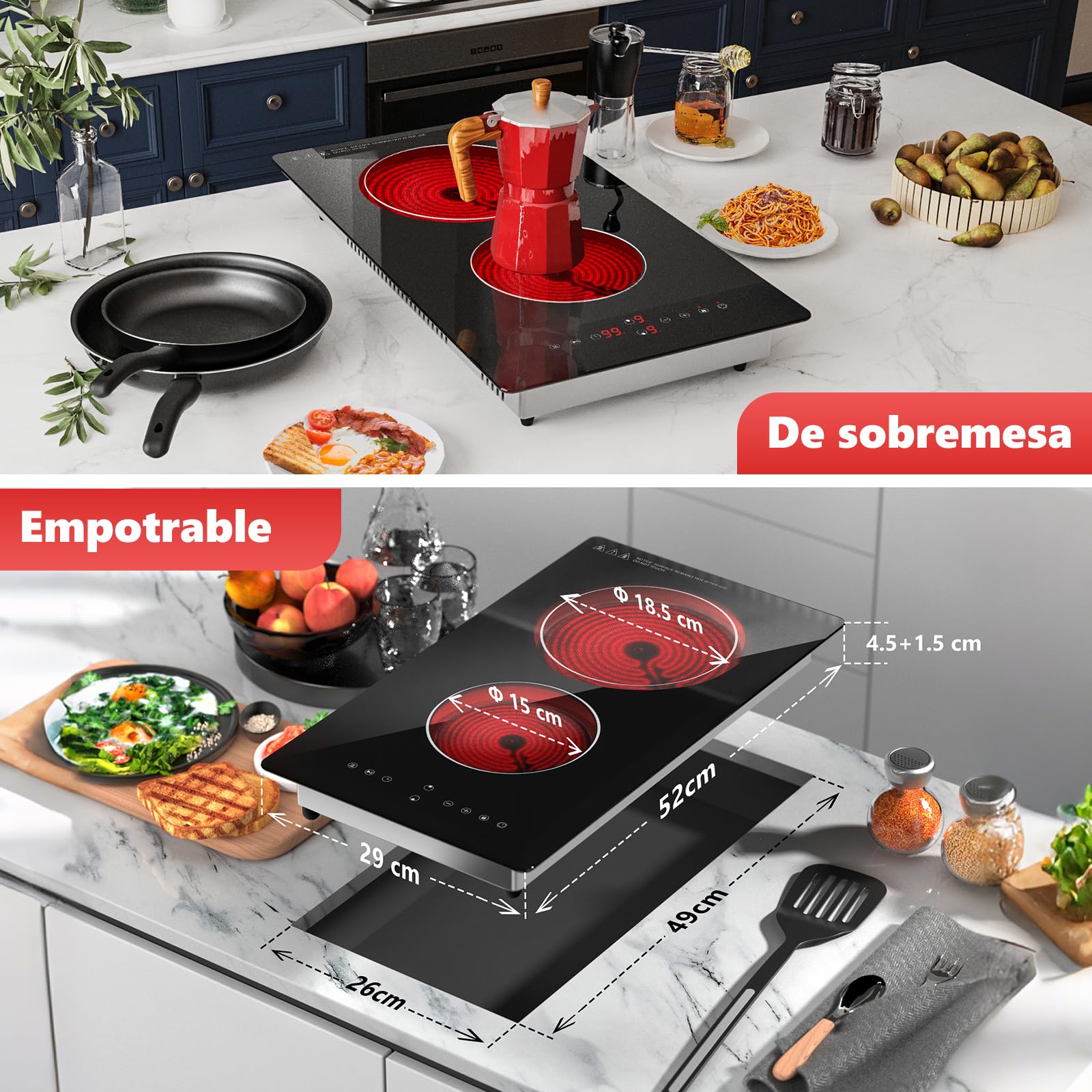 Placa Vitrocerámica 2 Zonas 3000W 30 cm, Placa Eléctrica Domino Encastrable o Portátil con Enchufe, Temporizador, Pausa, Mantener Caliente y Bloqueo Infantil, Touch-BT1