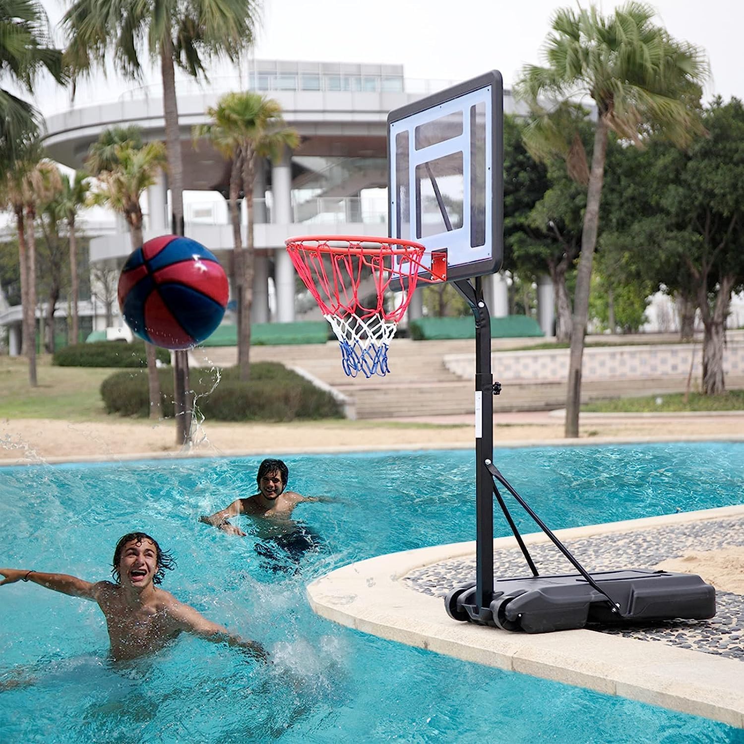 Pool Basketball Hoop Poolside Inground Adjustable Height 45"-53" Swimming Pool Basketball Hoop Set with Removable Wheels and Hard PVC Transparent Backboard (Black)