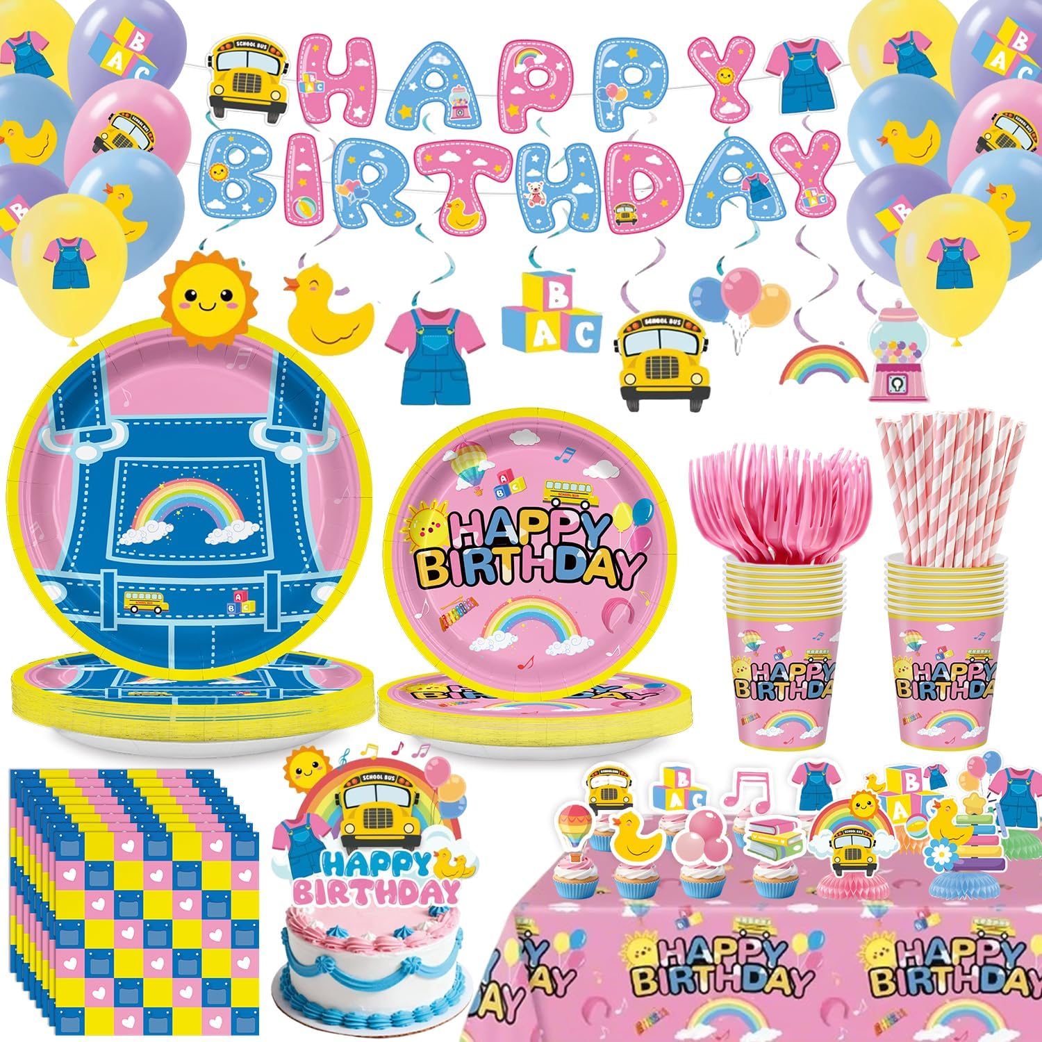 197pcs Cat Birthday Decorations Kit, Cute Cat Themed birthday party decorations with Tableware, Cake Decorations & Hanging Accessories, Serves 24 Guests