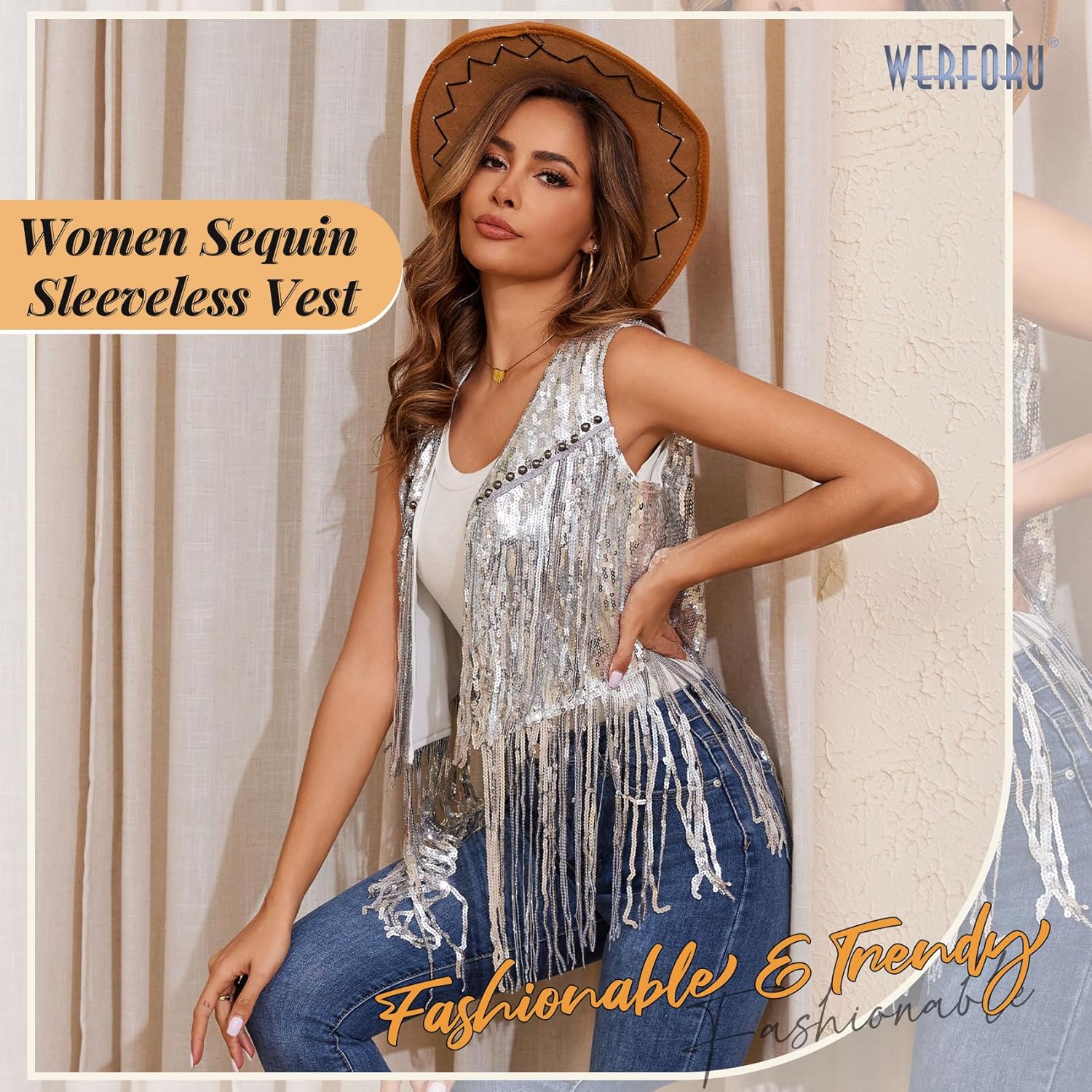 WERFORU Women's Sequin Sleeveless Tassel Vest Western Sequin Tassel Vest Sparkly Fringe Cowgirl Outfit- - Image 4