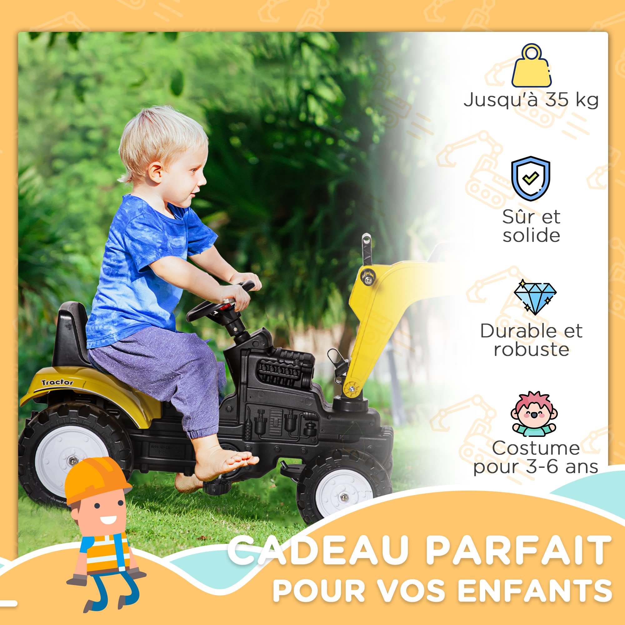 HOMCOM Tractopelle à pédales Enfant de 3 à 6 Ans avec Pelleteuse articulée Avant Jaune