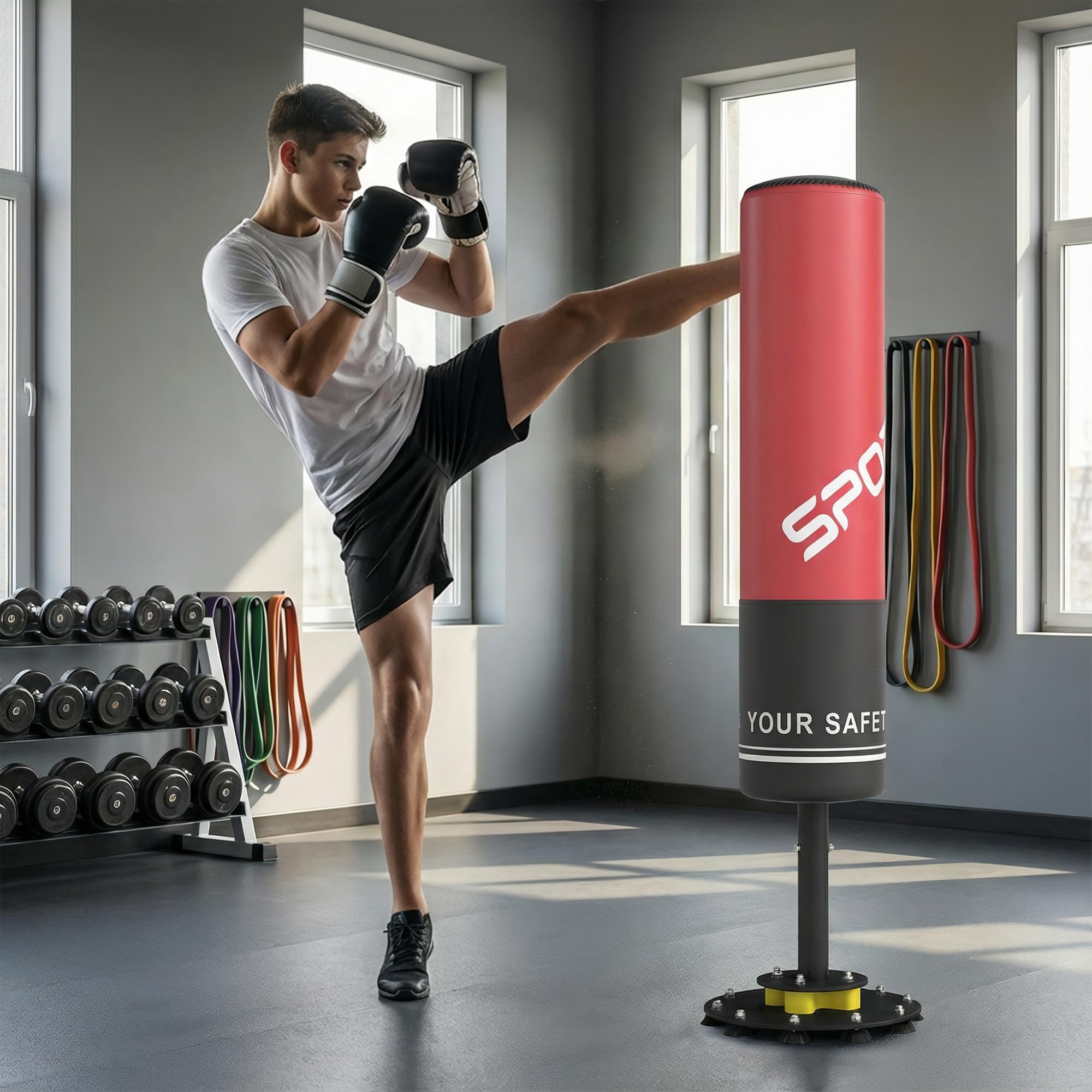 SPORTNOW Saco de boxeo de pie de 135 cm con 10 ventosas y amortiguadores, saco de kickboxing para adultos, jóvenes, fitness, entrenamiento de boxeo, entrenamiento de artes marciales mixtas