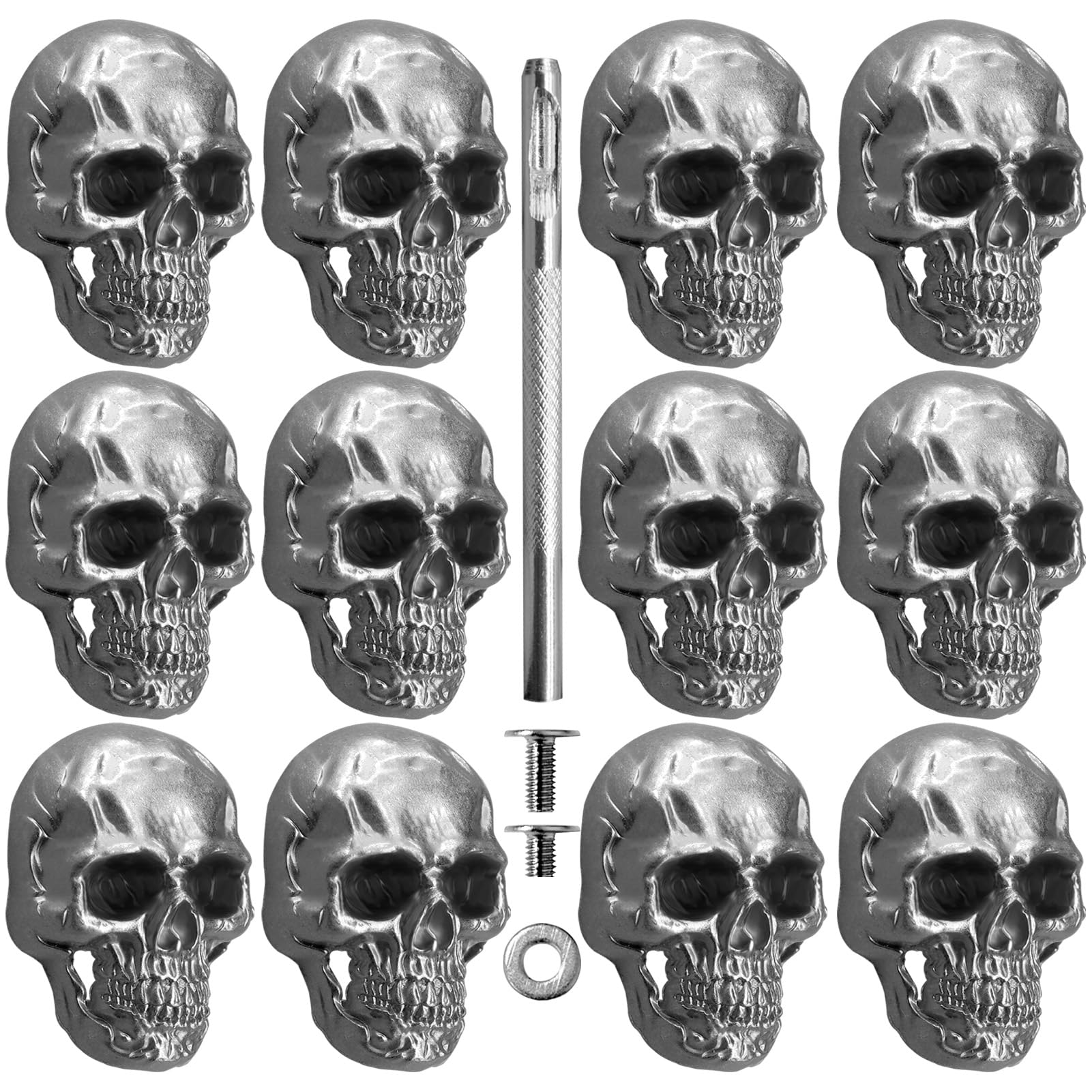 Sanyeyufeng 12Pcs Skull Rivets Buttons Skeleton Stud Goth Mental Conchos Pins for Leather Craft, Leather Belts, Shoes, Bags, Fabric DIY (Silver Gray)