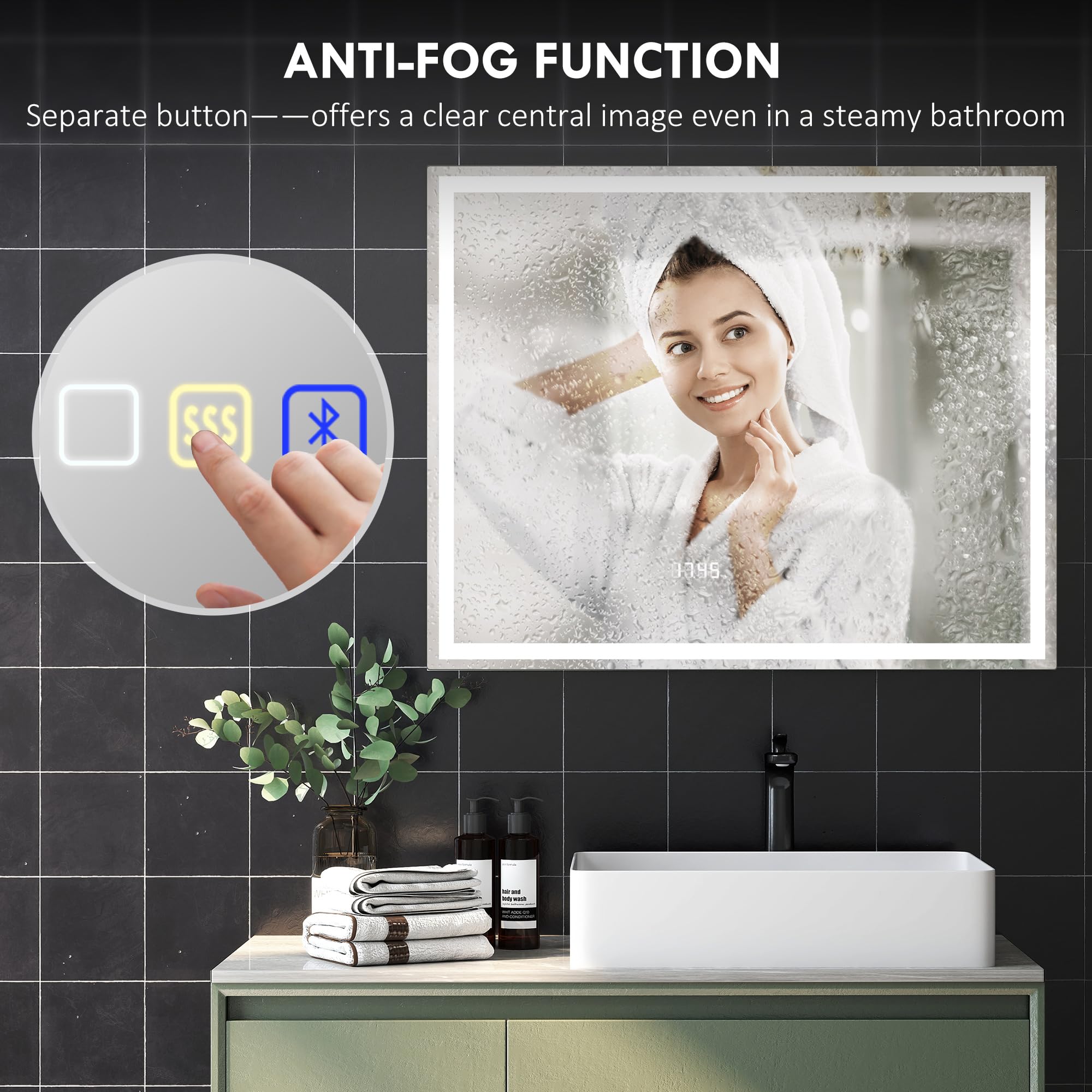 HOMCOM Specchio da bagno bluetooth con illuminazione LED 80 x 100 cm, specchio da bagno a parete illuminato con interruttore sensibile al tocco, luce regolabile in 3 colori, antiappannamento, memoria