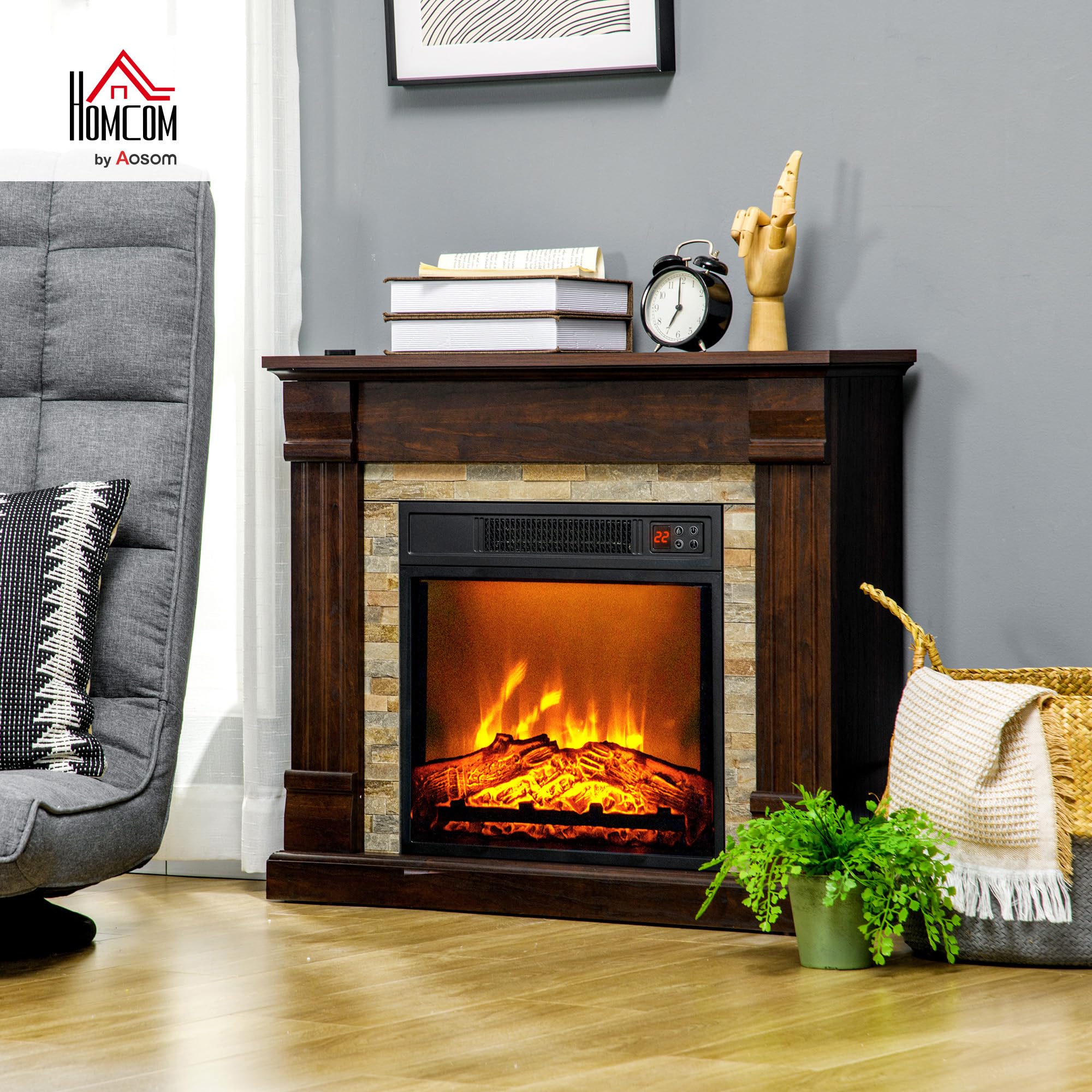 HOMCOM Cheminée Électrique Effet Flamme 1800W 80 x 21,6 x 67,8 cm Marron