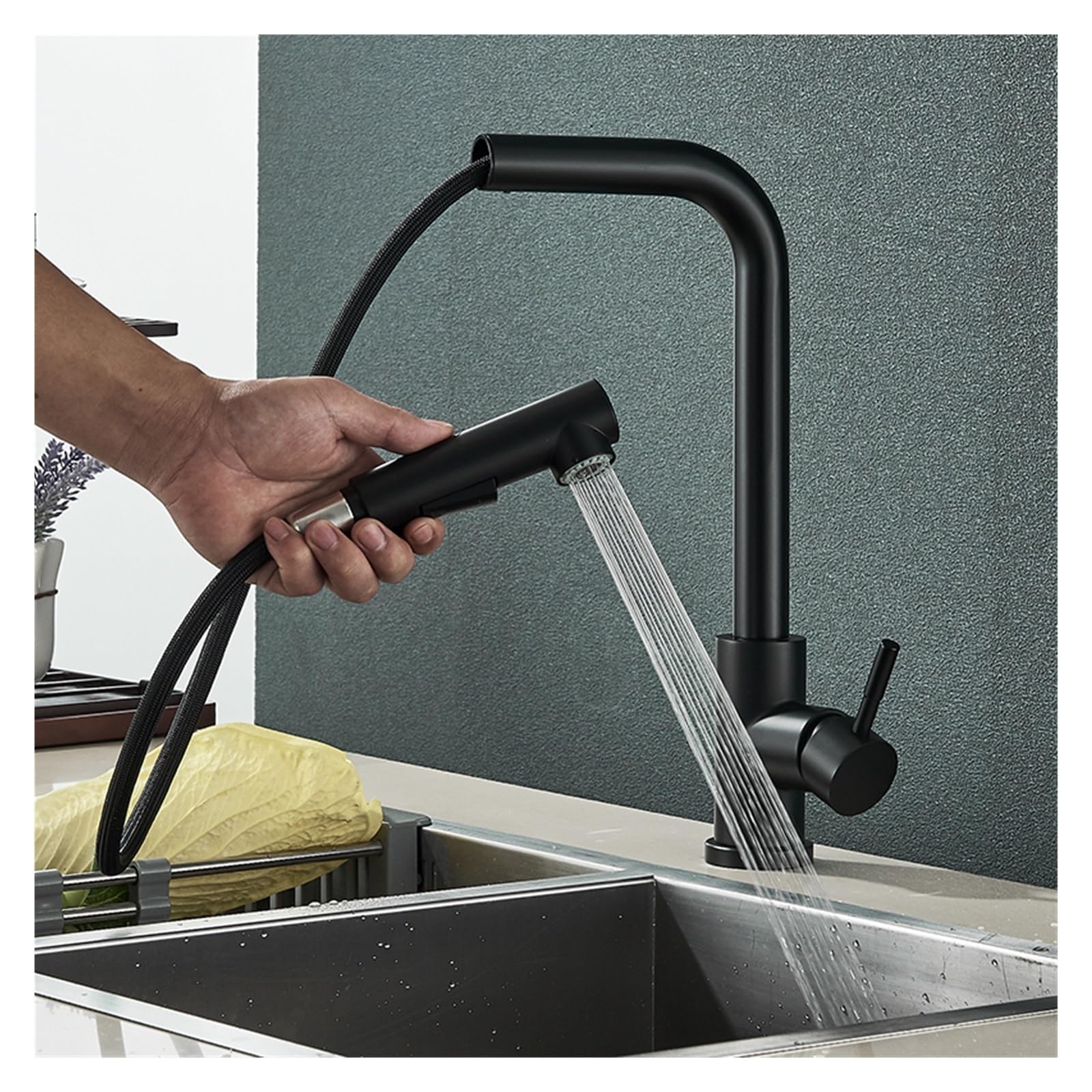 Robinet d'évier de cuisine noir extractible mitigeur eau chaude et froide