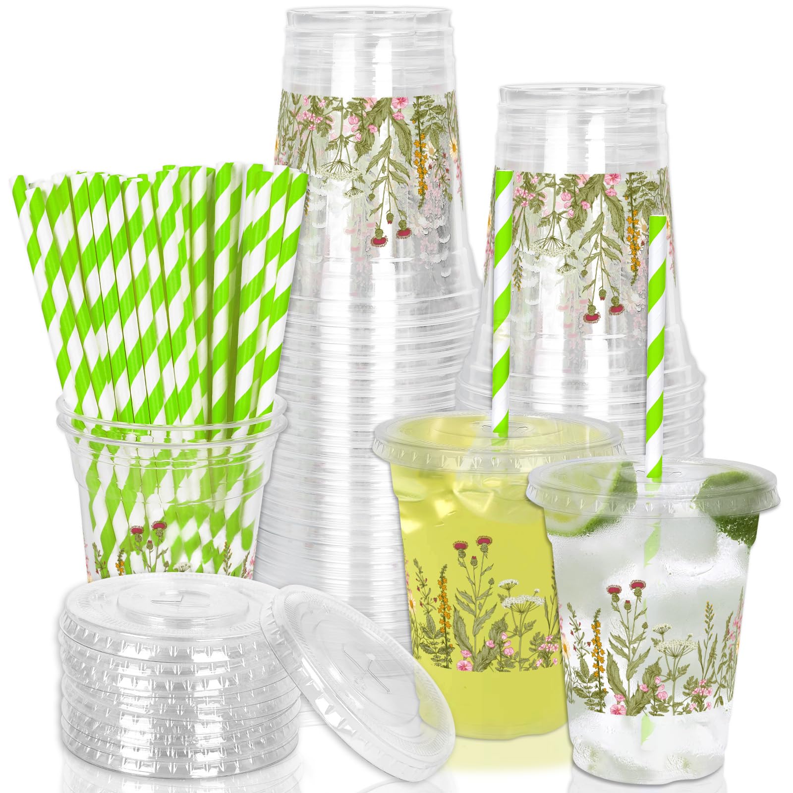 JarThenaAMCS 50Pcs 12Oz Wildflower Disposable Plastic Cups with Lids and Straws Spring Summer Vintage Floral Cold Beverage Drinking Cups for Home