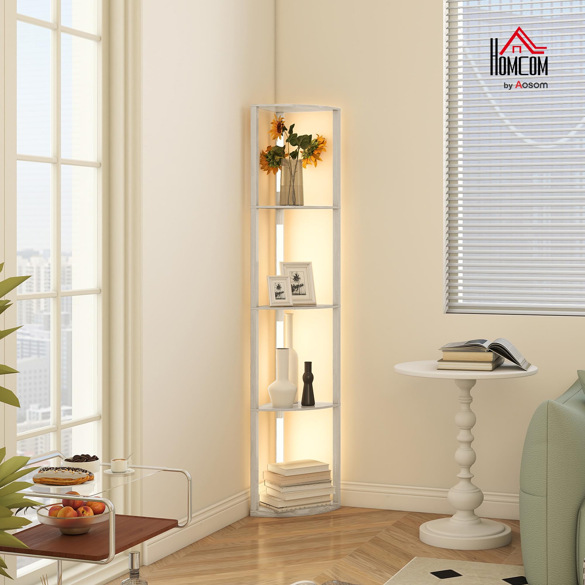 HOMCOM Lampada da Terra con 4 Ripiani Regolabile 41x29.5x163.5 cm Rovere | Da LED da 3000K, 3 Livelli, Lampada Moderna a Colonna in MDF