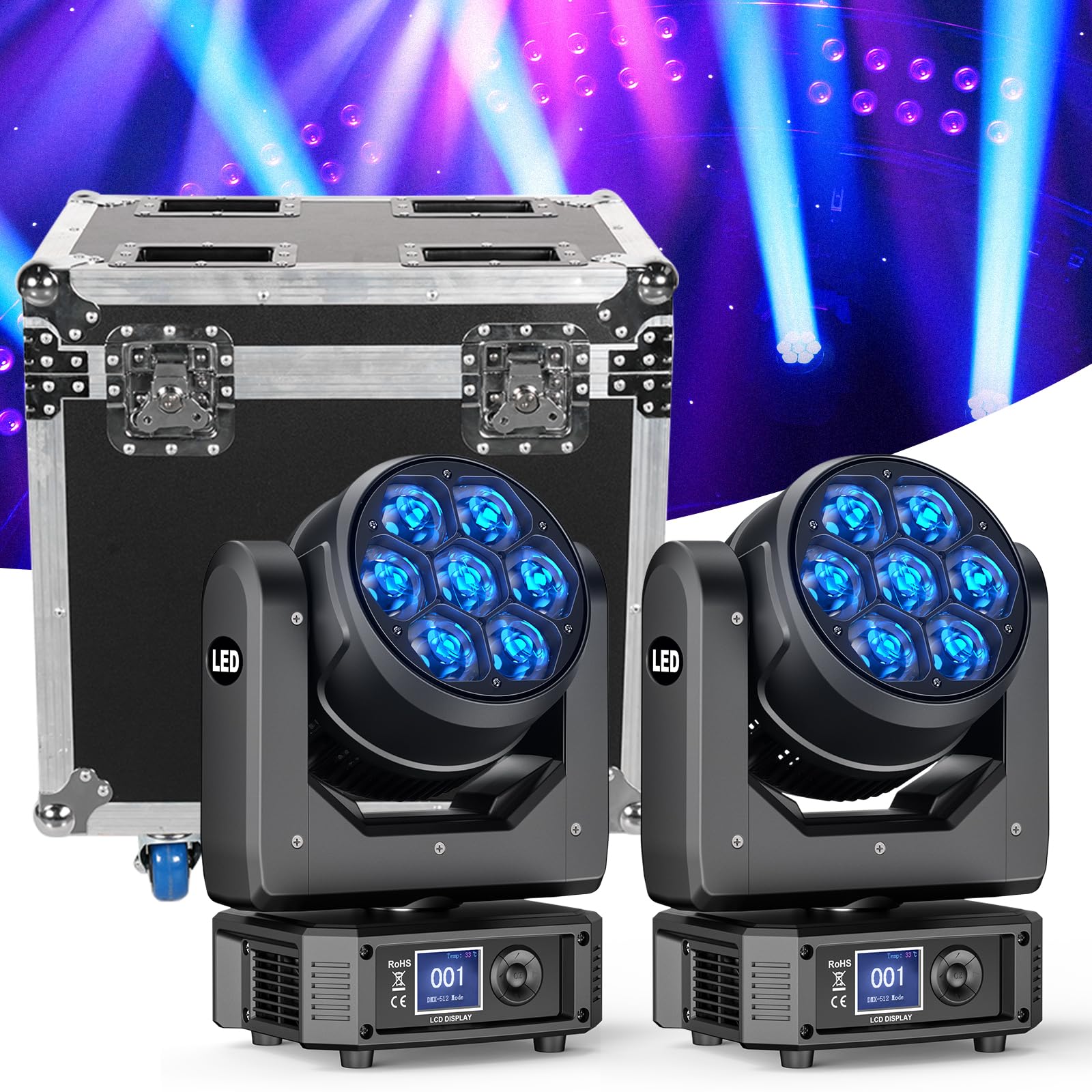 Flightcase per 2 pezzi 7X40W Teste Mobili Luci LED RGBW Beam Funzione Zoom Effetto per Natale Feste Concerti Matrimoni