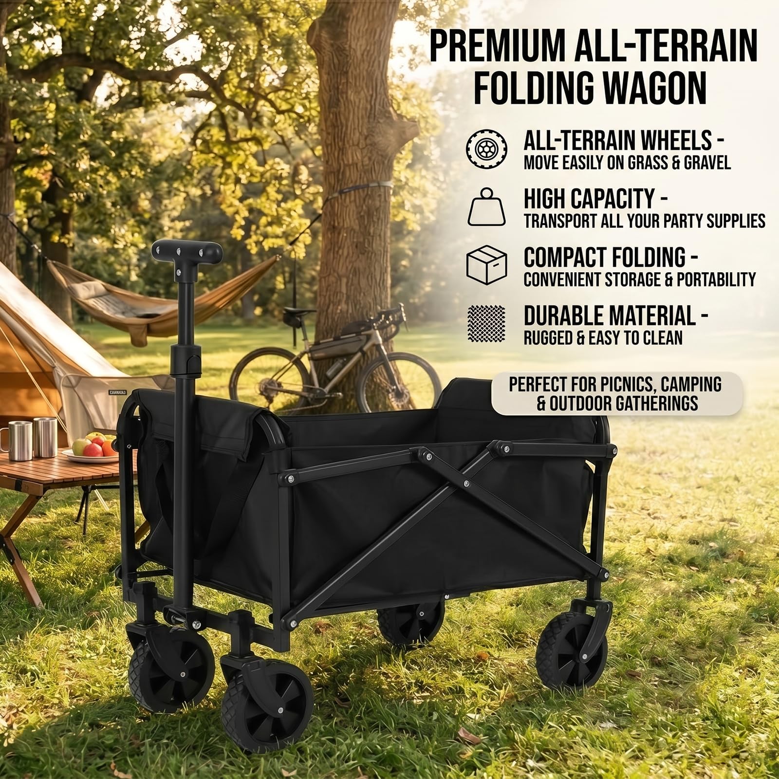 Chariot de camping pliable 120 l avec tissu amovible pour plage et jardin, chariot de transport de 50 kg avec poignée réglable