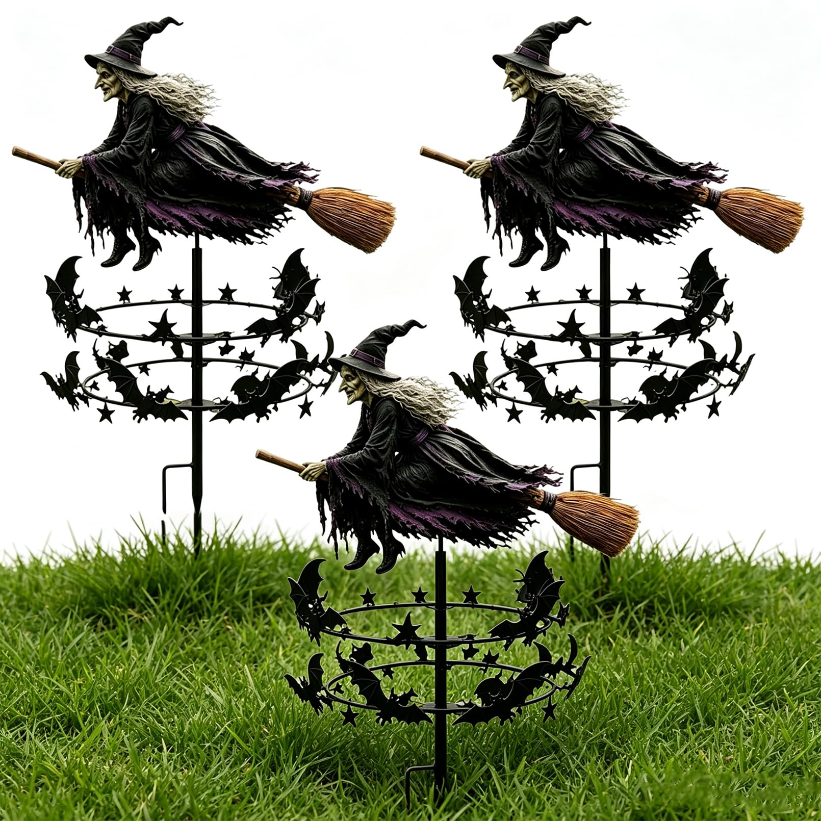 Halloween The Enchanted Witch Garden Wind Spinner, Metal Halloween Yard Art Outdoor Decor, Flying Witch & Bat Windmill with Stable Ground Stake for Garden Patio Pathway (3PC)