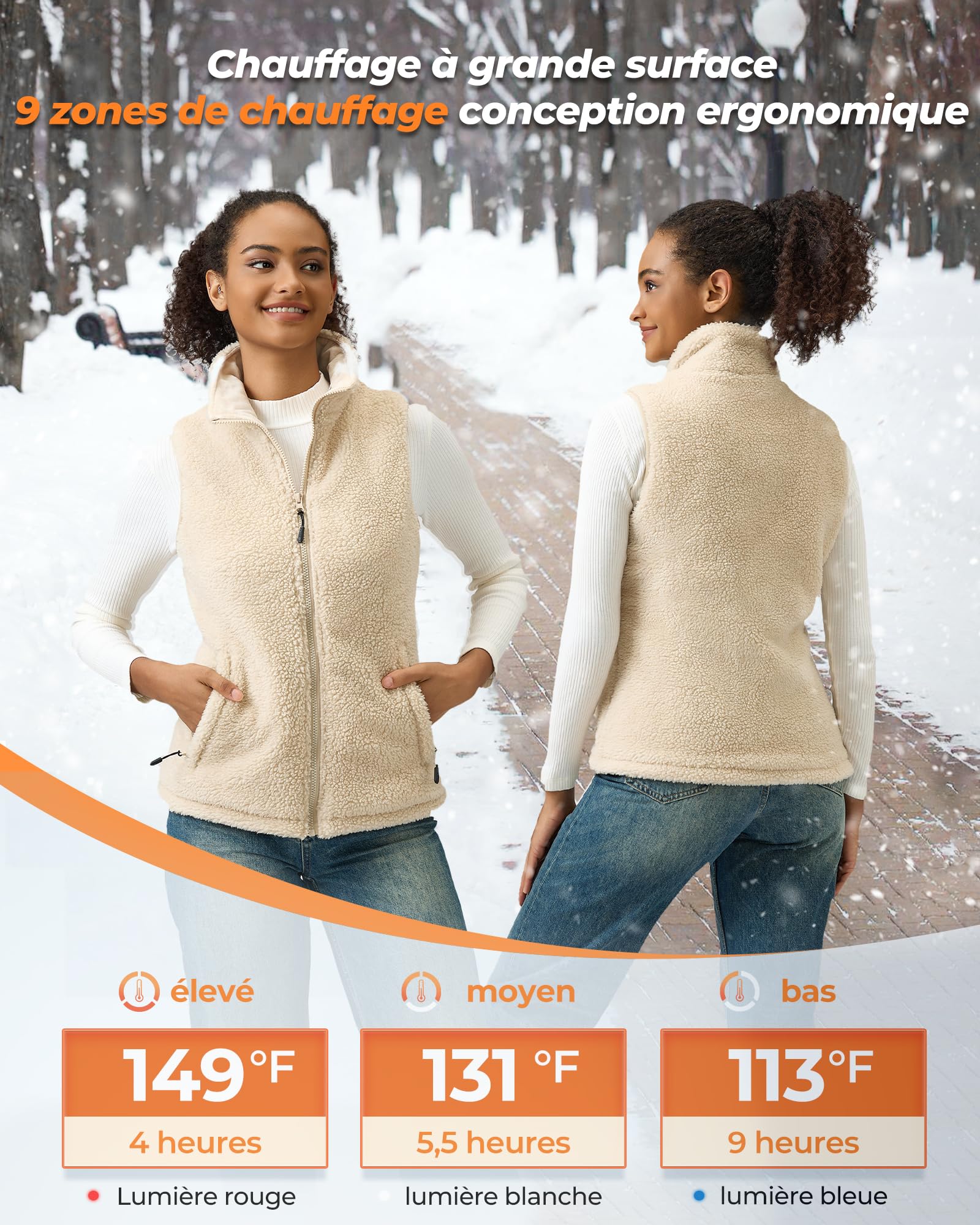 Polaire Gilet Chauffant Femme Avec Batterie 16000mAh 7,4V Incluse, 9 Zones, 3 Températures Réglables