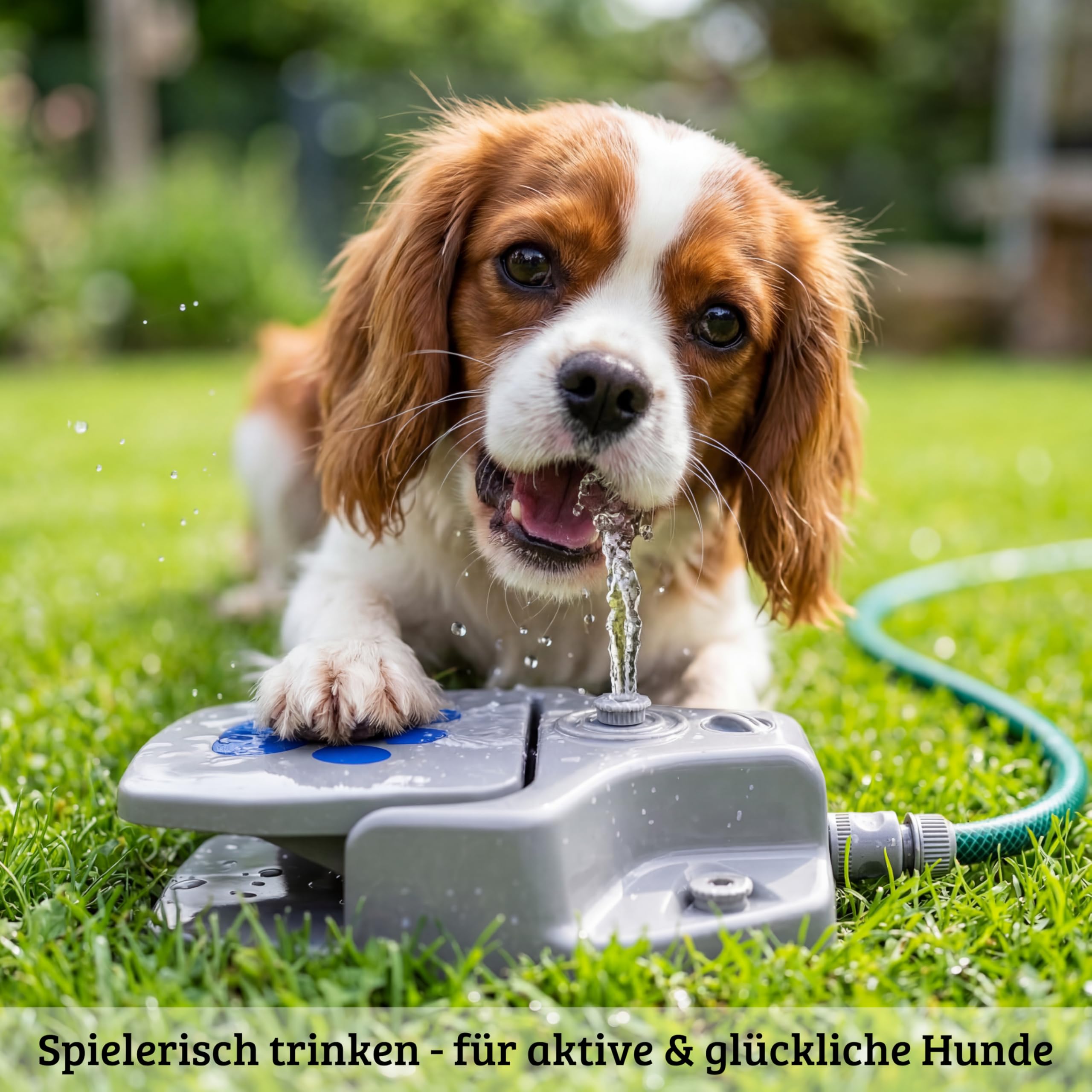 Trinkbrunnen für Hunde – Interaktives Wasserspielzeug Hund mit 3 Sprühstufen – Hunde Wasserspielzeug mit Gartenschlauch Anschluss – Outdoor Splash Spielzeug Garten