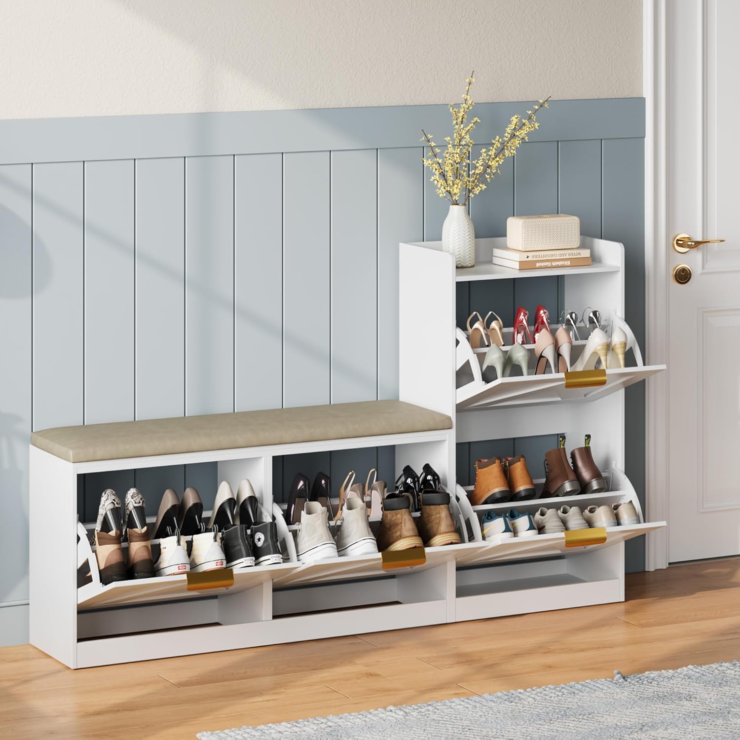 Garvee Shoe Storage Cabinet with Bench, 4 Flip-Drawer Entryway Shoe Organizer with Adjustable Left/Right Cushioned Seat & Removable Shelves, Narrow Hallway Storage for 35-40 Pairs, White