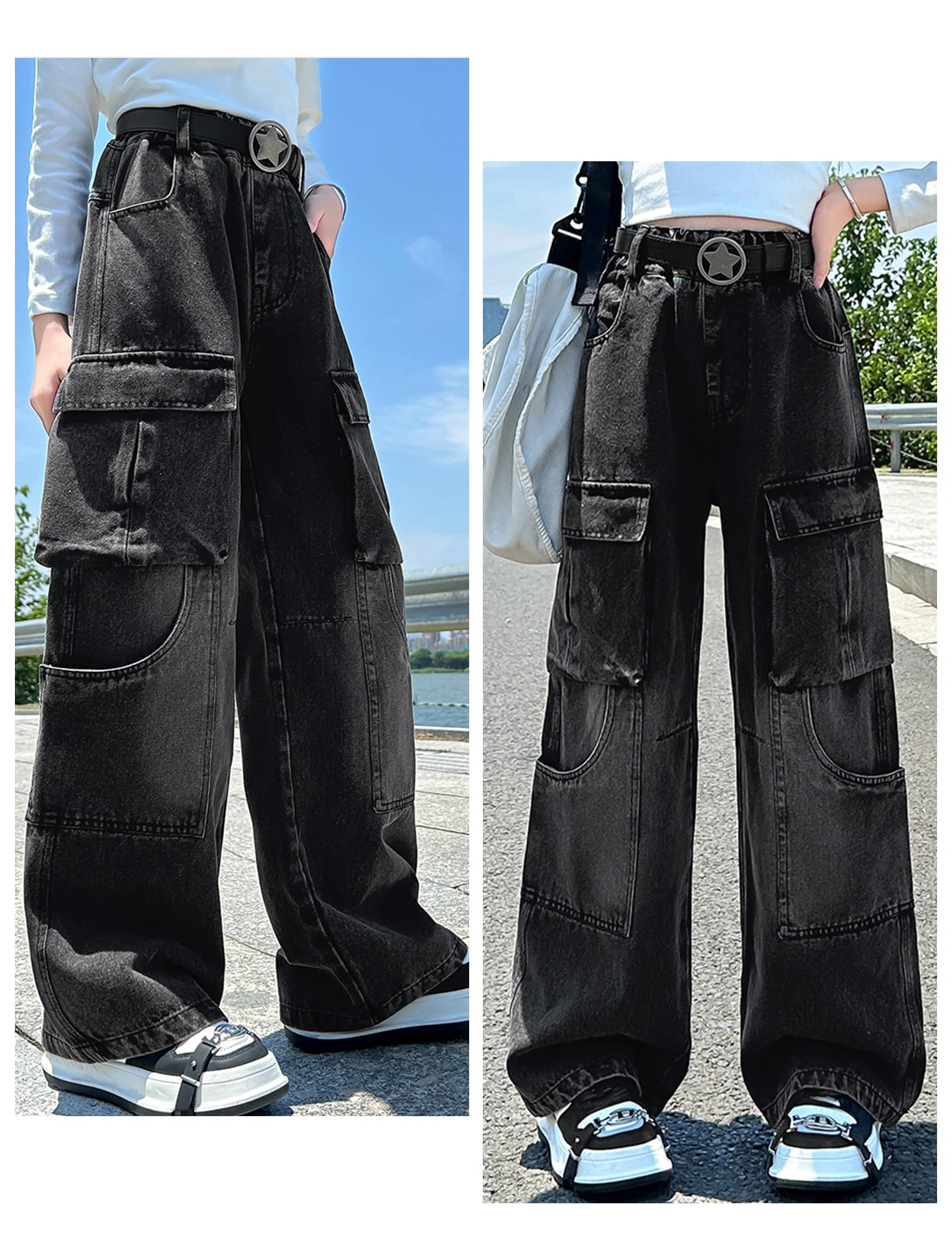 SEAUR Jeans Cargo Fille 5-16 Ans Mode Décontractés Y2K Pantalon en Demin Enfant Fille Jambe Large Jeans Ample Ados Fille