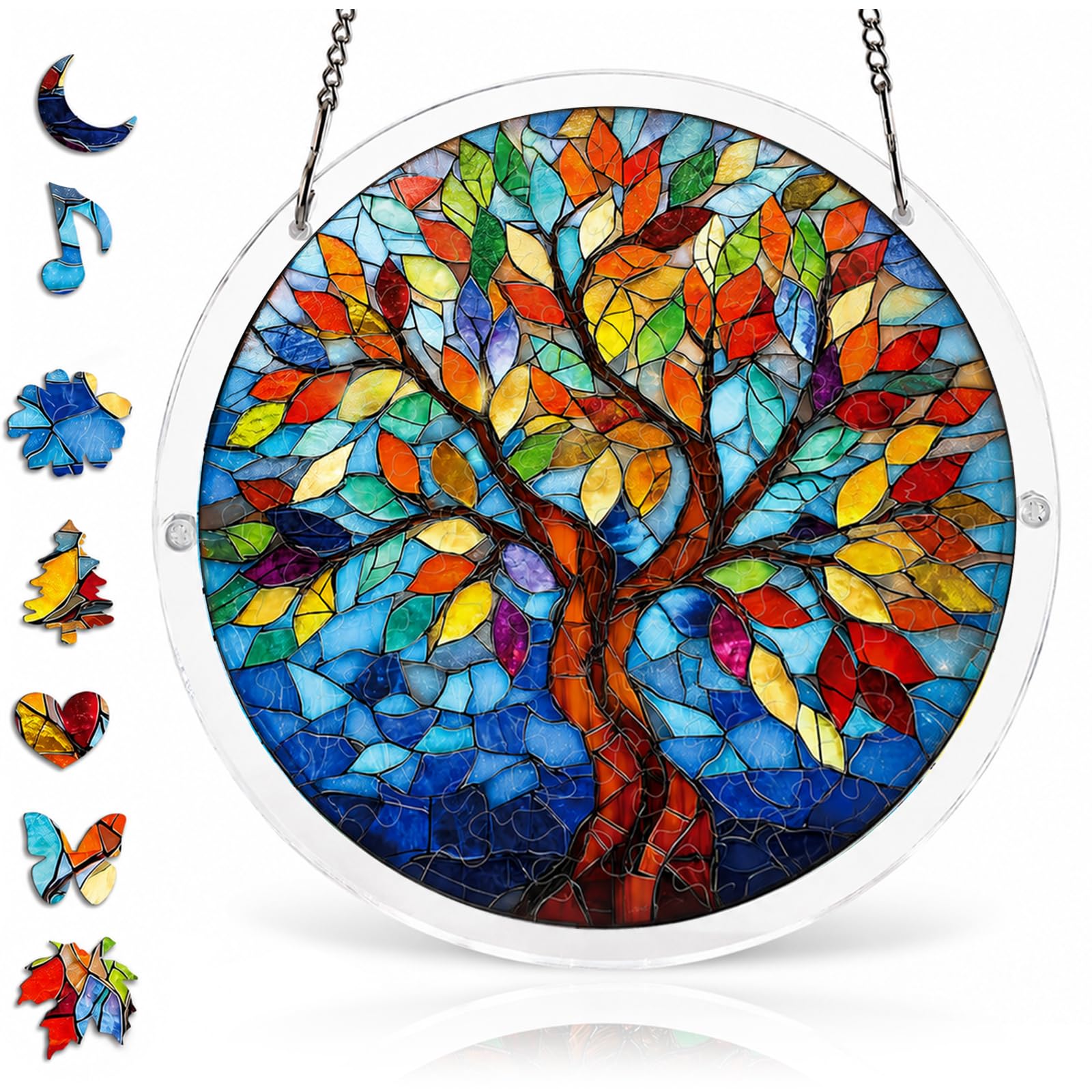 Acrylic Jigsaw Puzzle Suncatcher, Vivid Tree Pattern Sun Catchers for Windows, 83 Pieces Acrylic Suncatcher Puzzle with Frame and Chain, DIY Home Decor Gift for Women Men Birthday, 7 In (Style B)