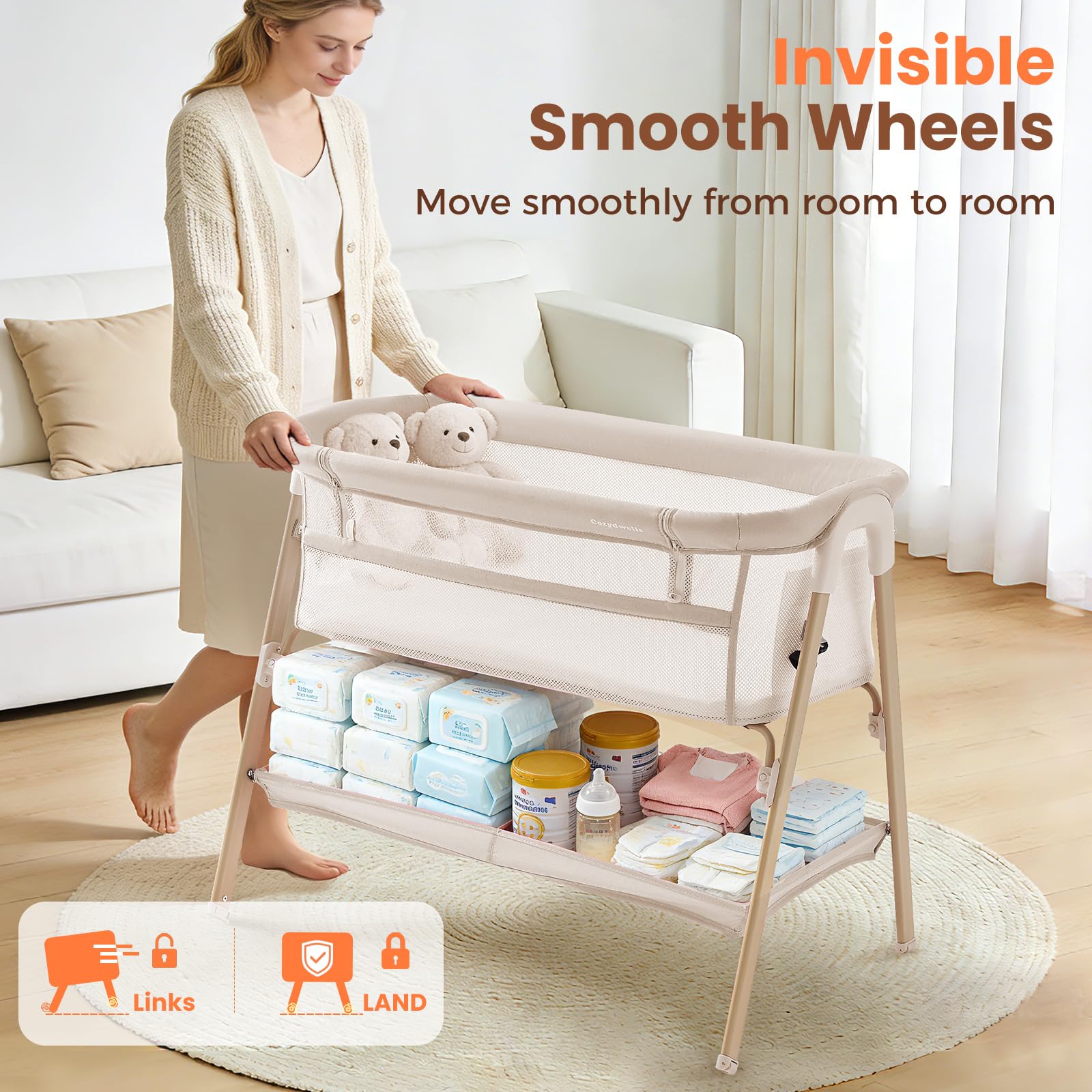 3-in-1-Babybett für Babys von der Geburt bis 9 kg, tragbares Kinderbett, Reisebett, Baby-Kinderbett, Nachttisch, Kinderbett für Neugeborene, Beige