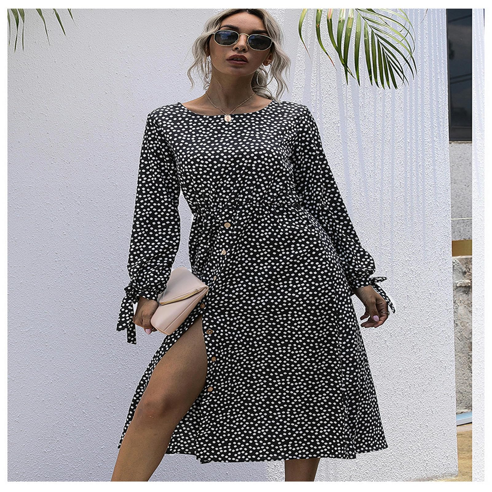 Vestidos de verano para mujer, vestido midi de lunares, con botones, acampanado, vestido camisero con cuello en V, vestido fluido, YYEFNMAZ