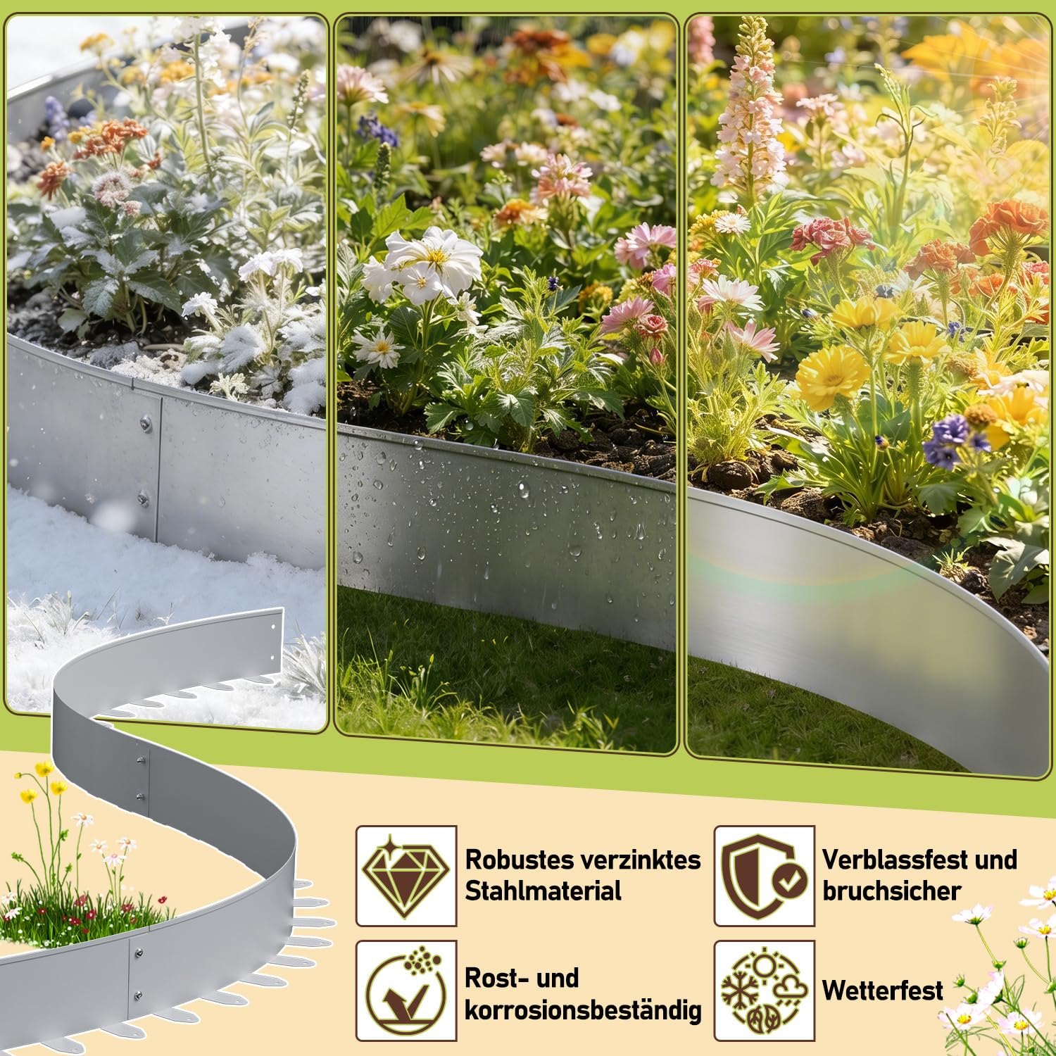 Lot de 25 bordures de pelouse flexibles en métal argenté - 100 cm x 5 cm - Résistant aux intempéries - Installation facile avec ancrage au sol - Bordure de tonte pour parterres de fleurs